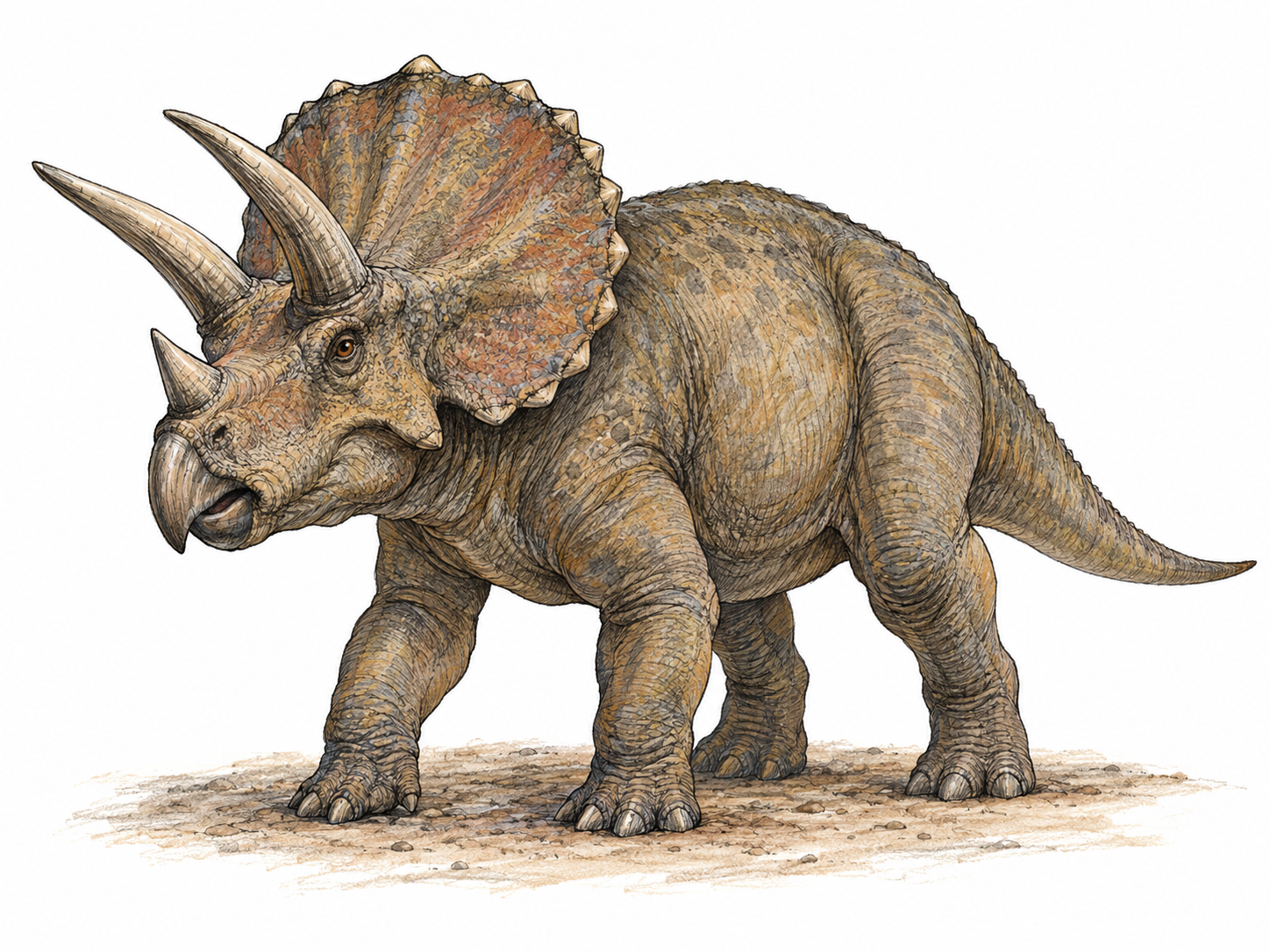 A single living Triceratops in a clear three-quarter view, showing its two long brow horns, shorter nose horn, and broad bony neck frill.
