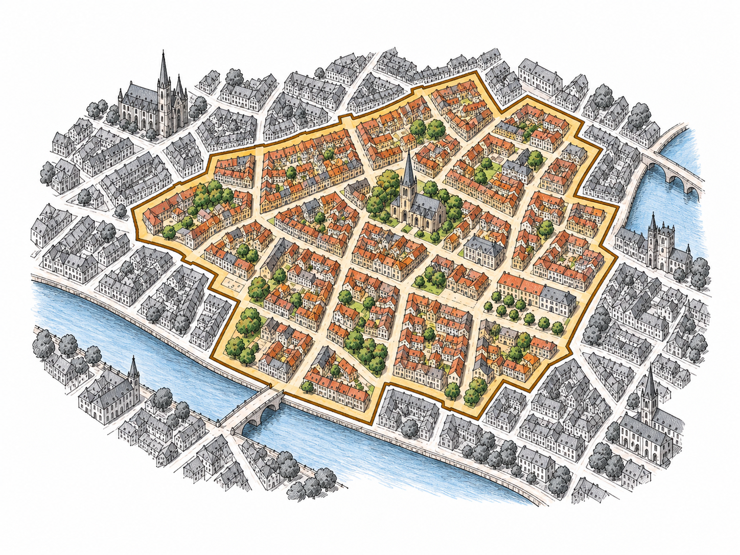 Oblique compact city map made of drawn blocks with one district distinctly bounded in muted ocher within larger gray city; no labels.