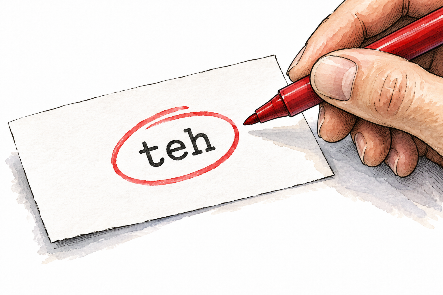 Close view of a typed slip with exactly the small error “teh” circled in red, with a proofreader's hand nearby.