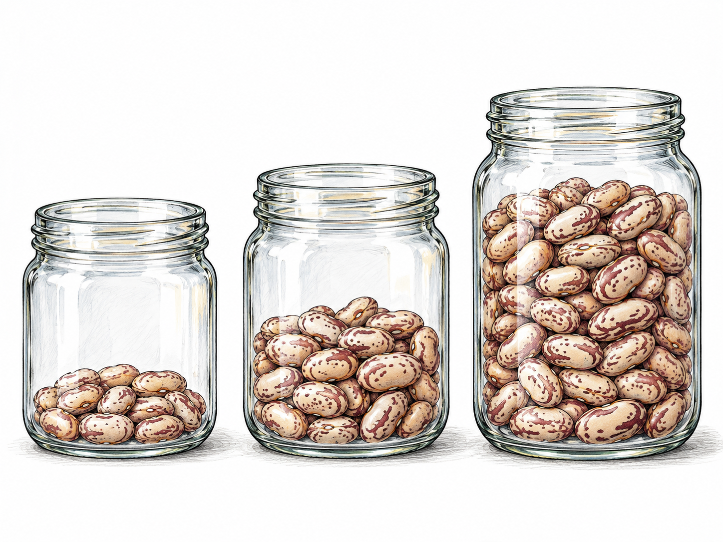 Three transparent jars hold progressively greater quantities of identical beans, arranged clearly from little to more; no false numerical labels.