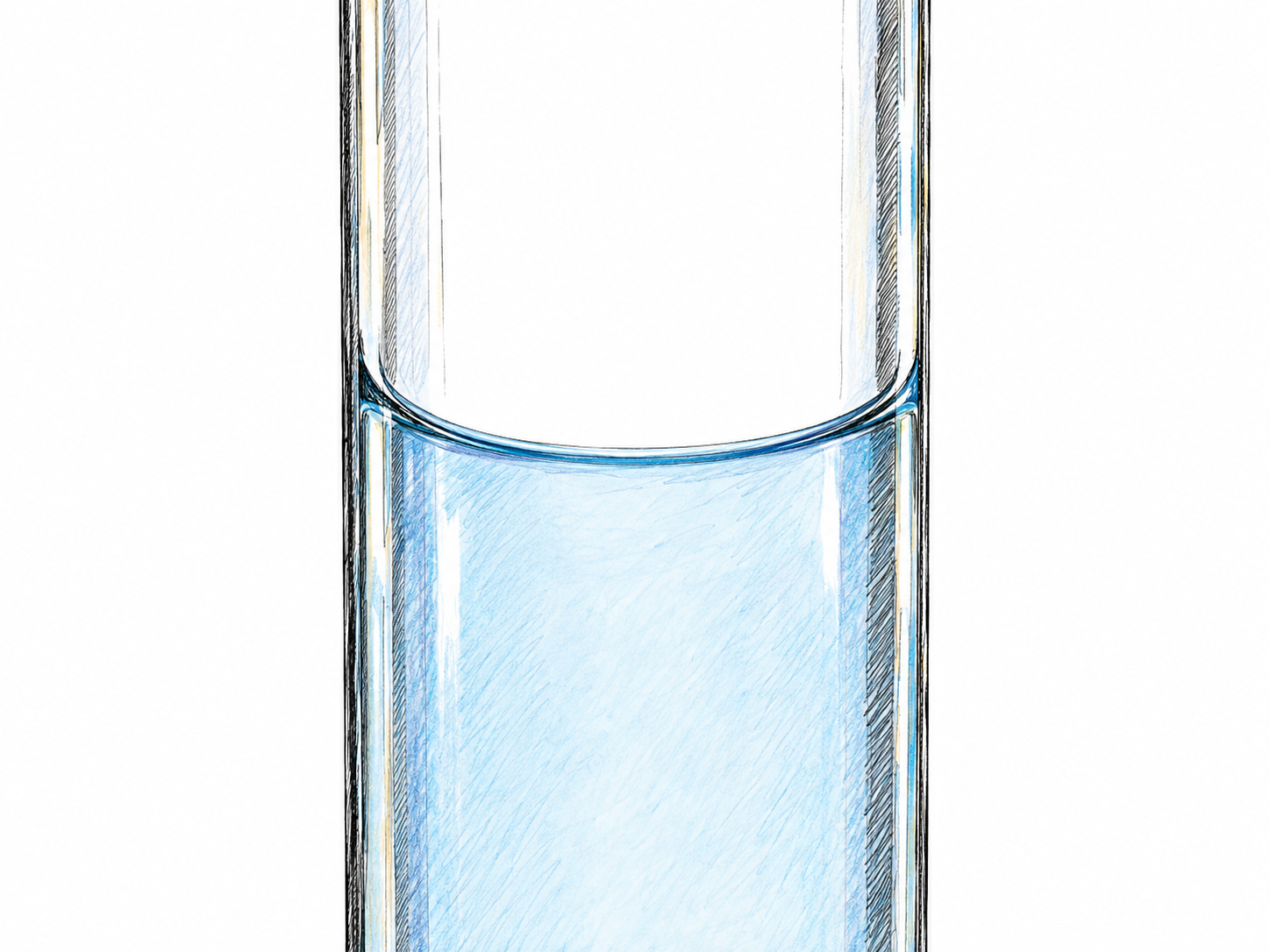 An enlarged eye-level view of a narrow transparent glass tube partly filled with water, clearly showing the concave liquid surface rising at both glass walls and dipping in the center.