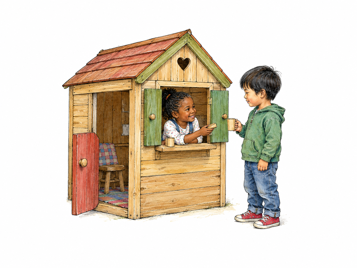 A child-size wooden toy playhouse with low open door and little shuttered window.