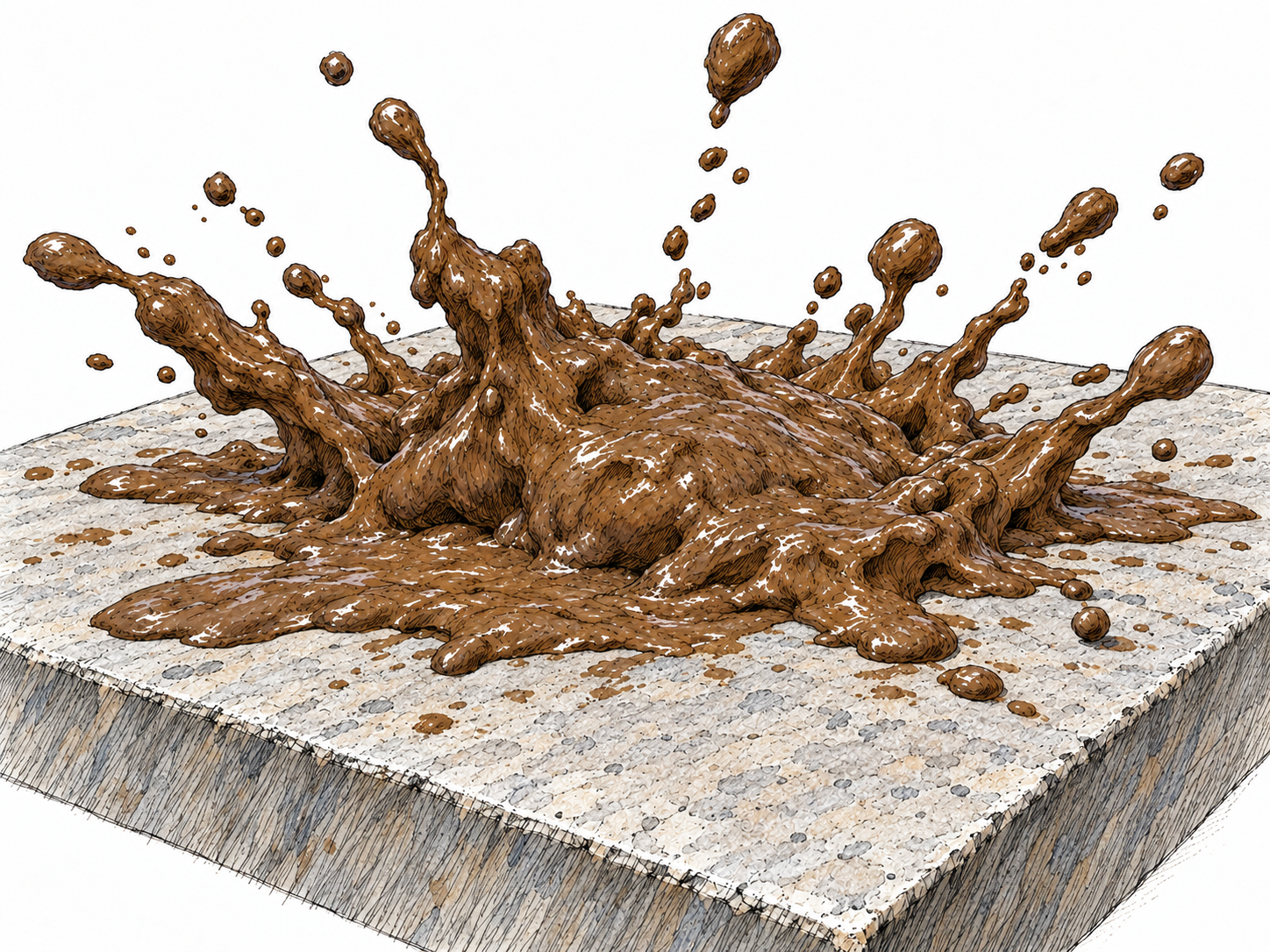 A heavy blob of wet mud caught at the instant it strikes a hard paving slab, flattening into a broad splash with thick radial lobes and airborne droplets.