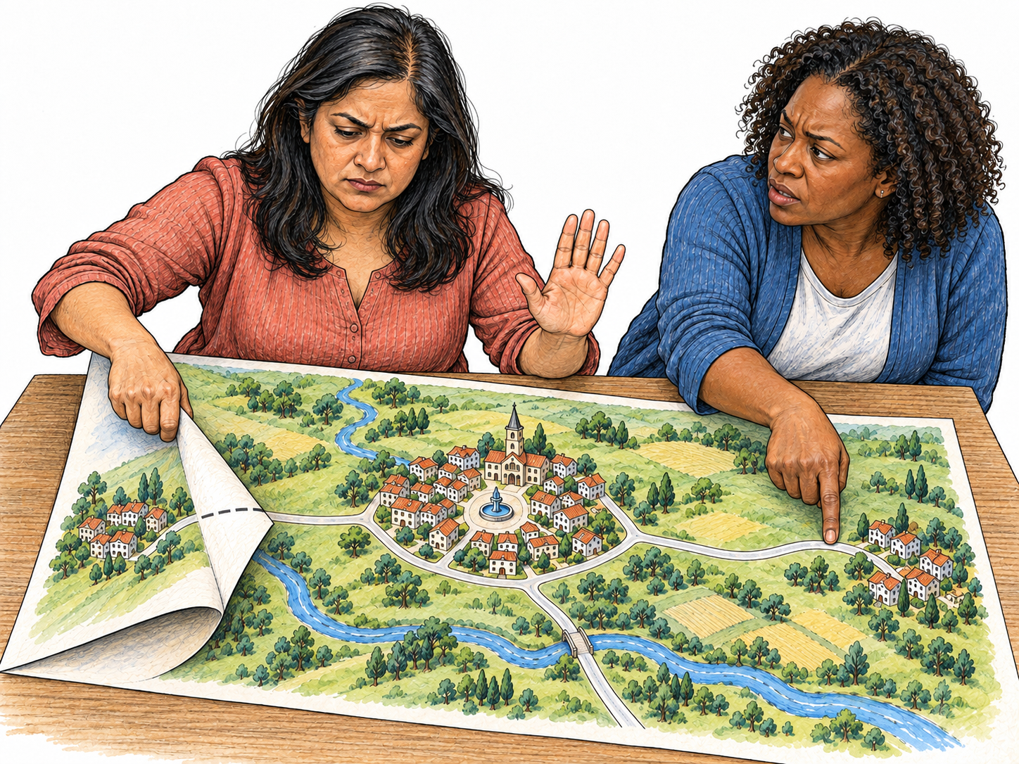 A local planning participant deliberately shuts out the surrounding region: she folds a regional road map down to her own small town and dismisses a colleague who is pointing out the roads connecting it to neighboring communities.