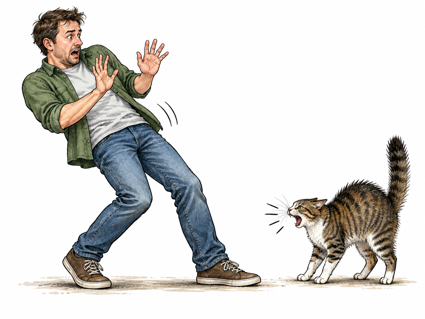 An adult recoils abruptly from a suddenly hissing small cat, leaning backward with raised hands; no attack or injury.