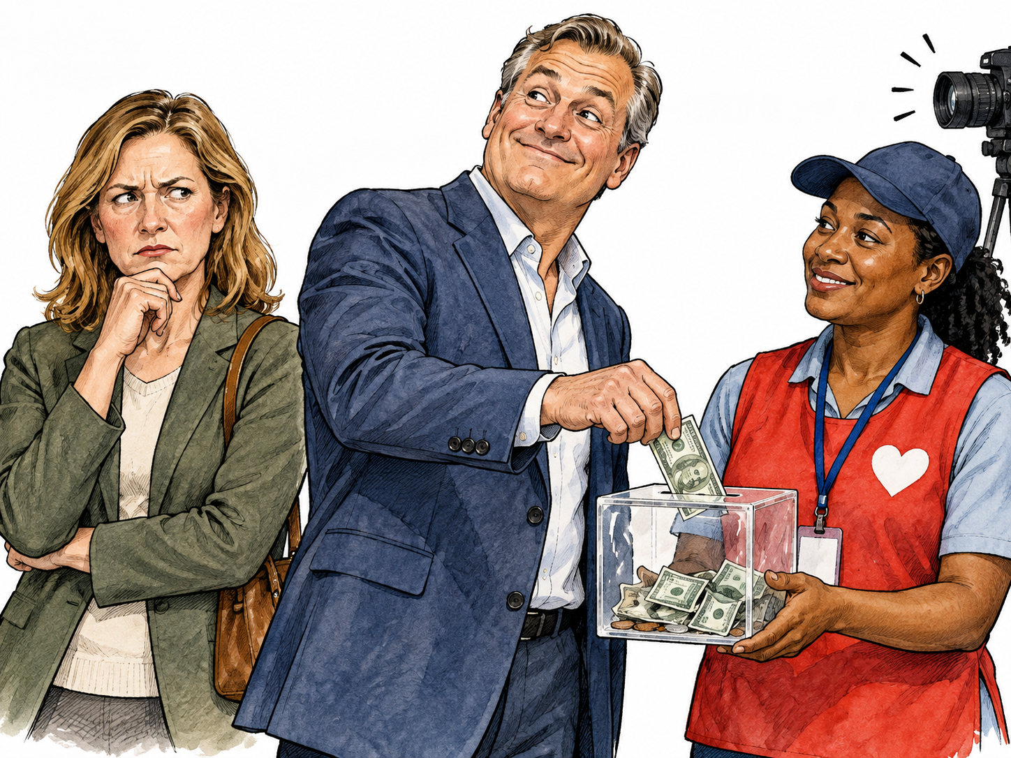 A skeptical observer watches an ostentatious donor hand a donation to a collector while checking whether a camera is watching; suspicion expressed subtly.