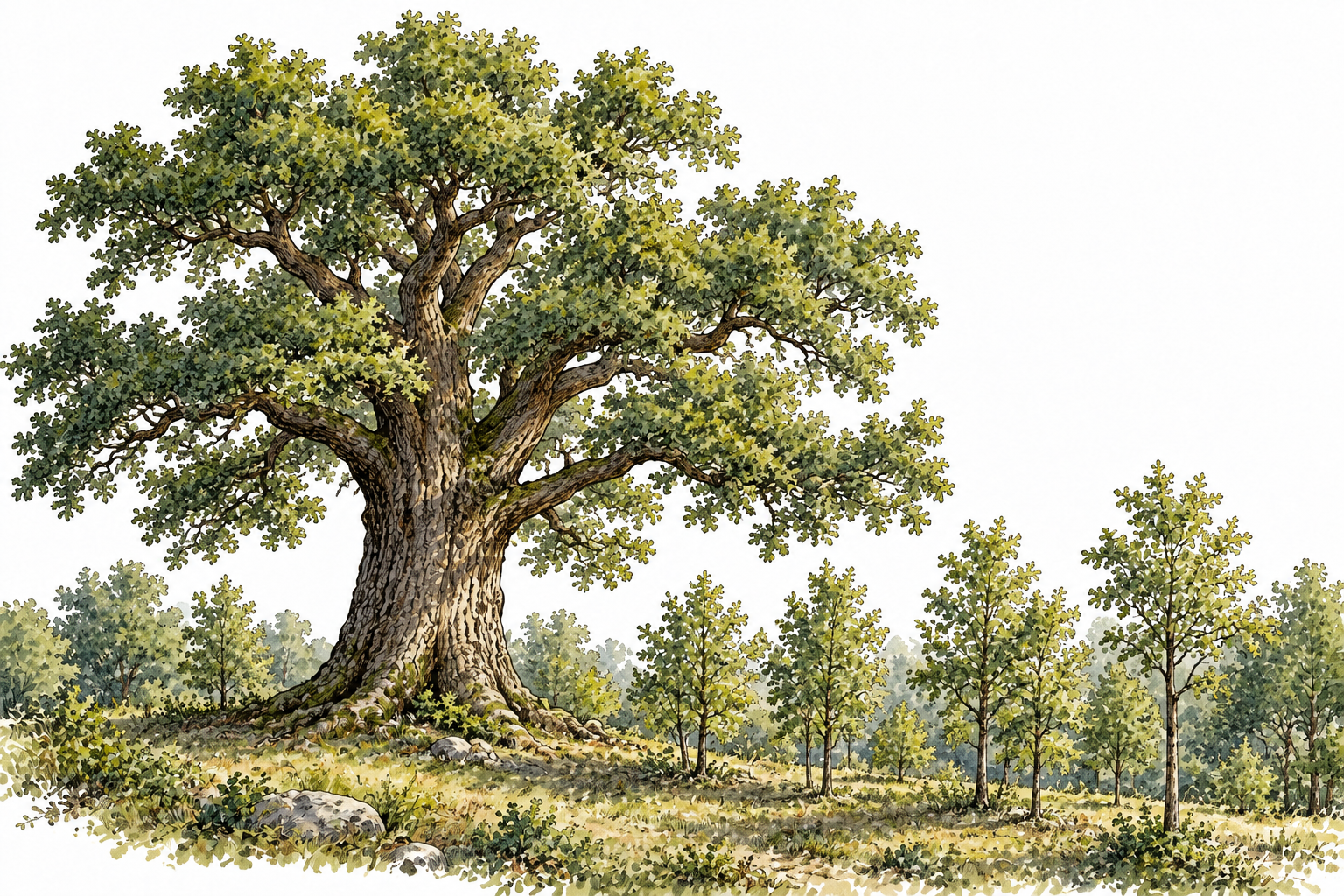 A towering mature oak dominates a grove of much smaller young trees, clearly more powerful and prominent, natural woodland, no people or labels.