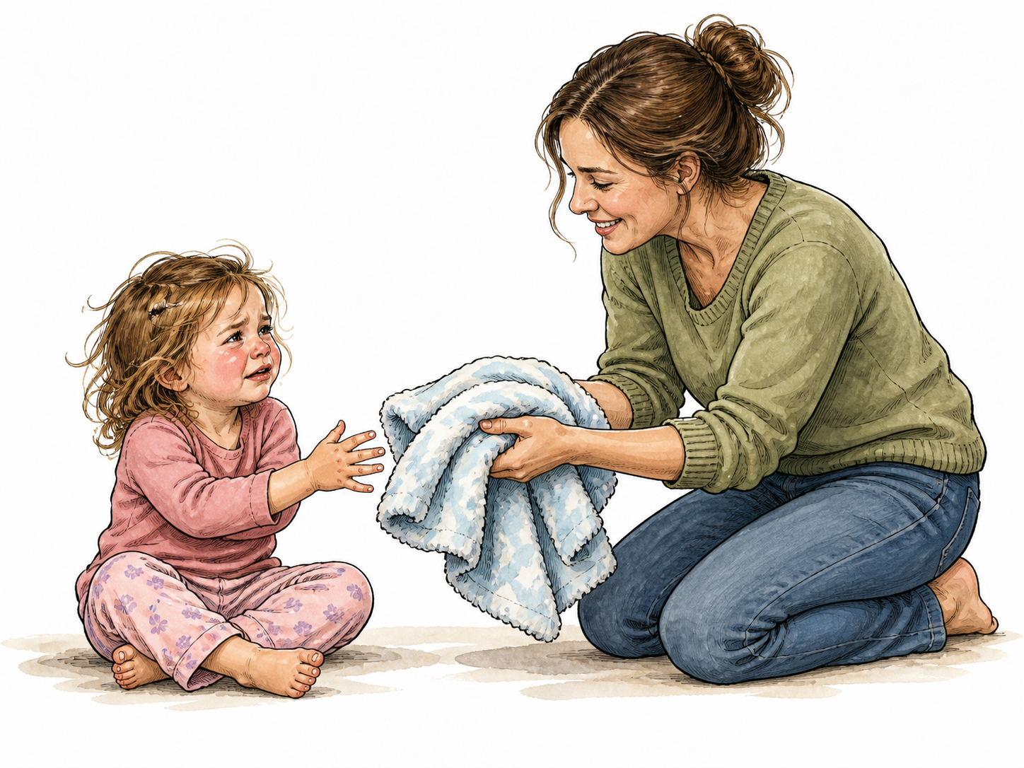 A parent calms an angry toddler by offering the requested blanket, expressions visibly soften.