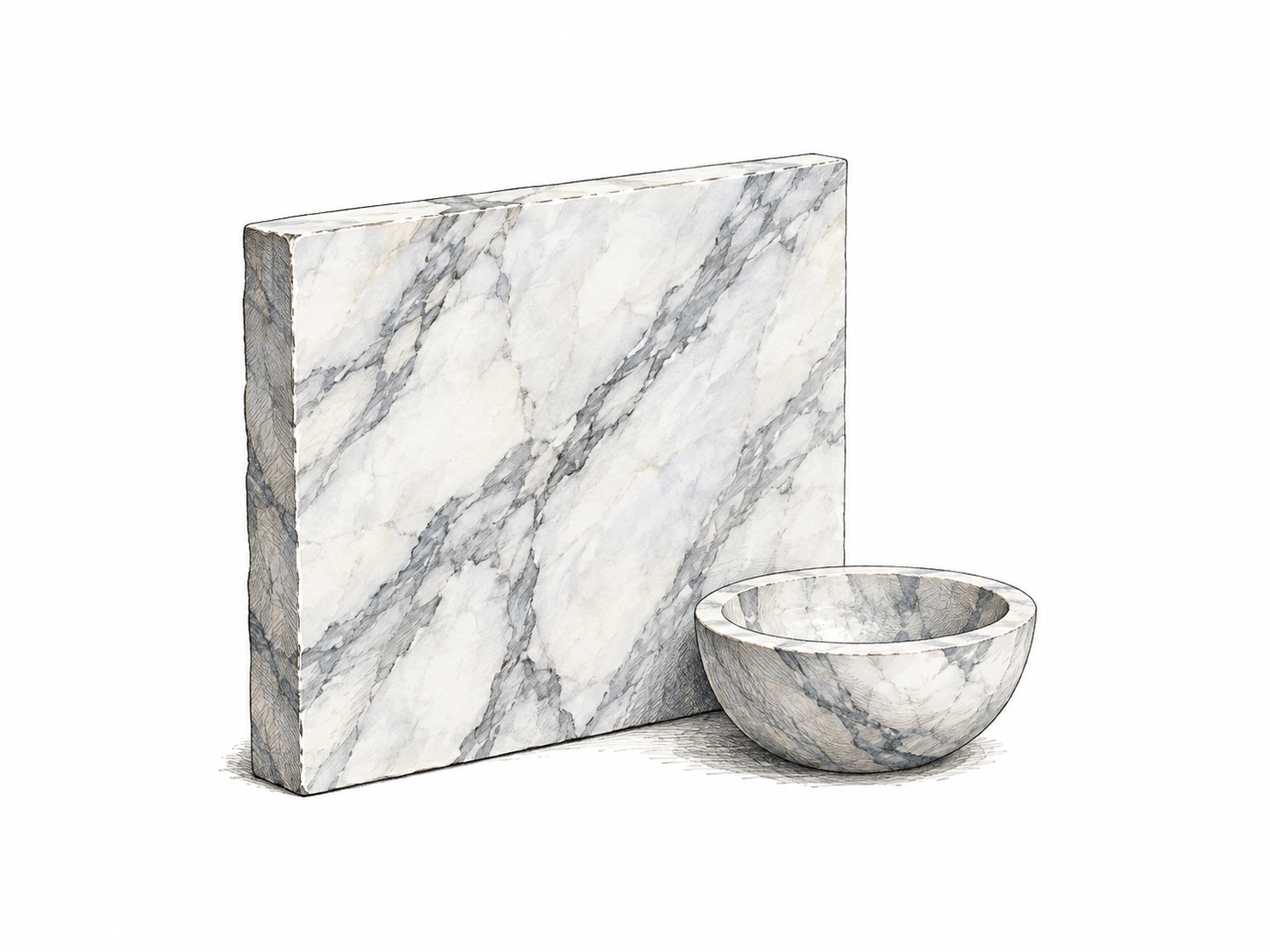 An isolated polished white marble slab with natural soft gray veins stands beside a small plain carved marble bowl, one cut edge showing substantial solid thickness.