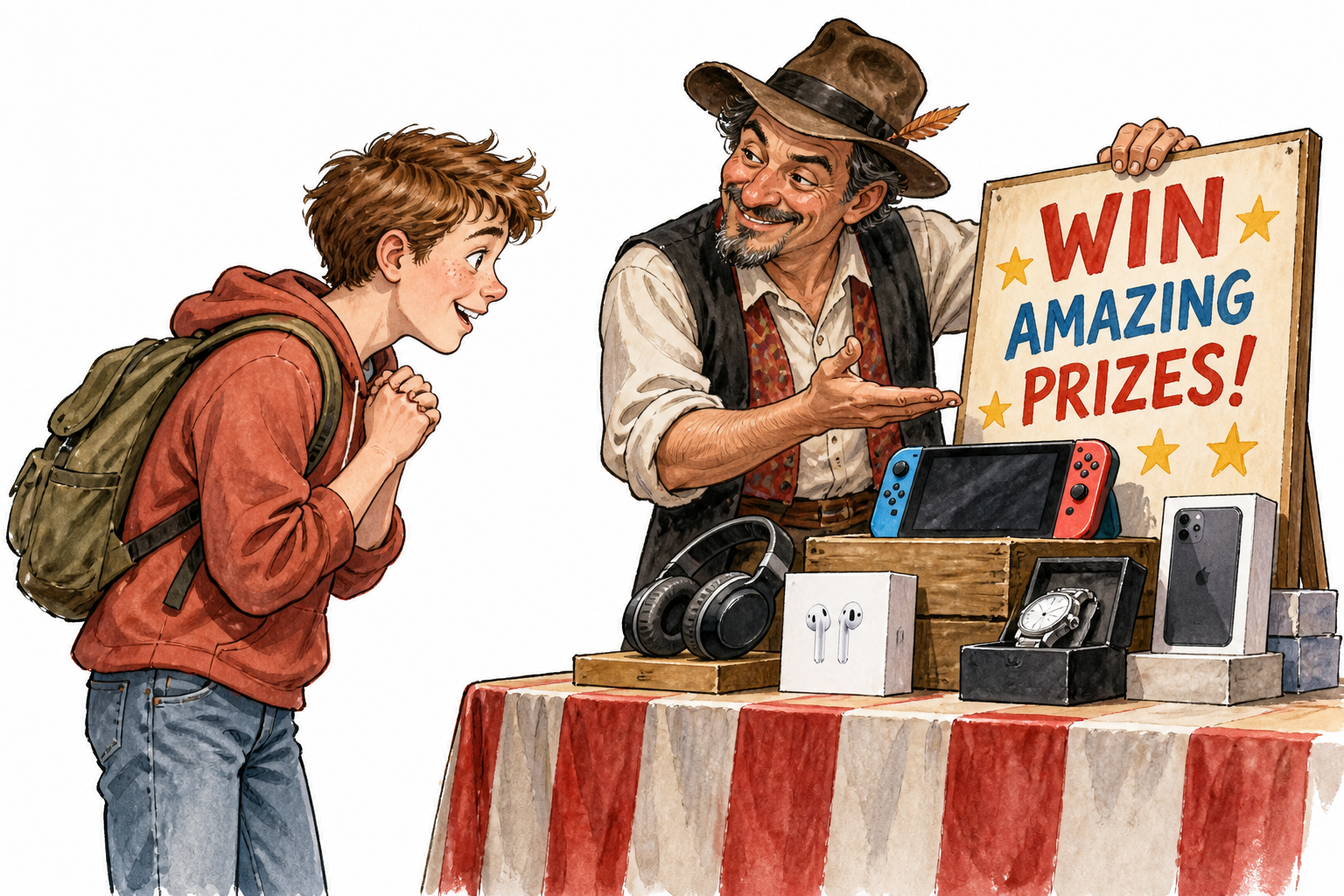 A newcomer trusts an obvious too-good-to-be-true prize offer without asking questions, innocent lack of worldly experience.