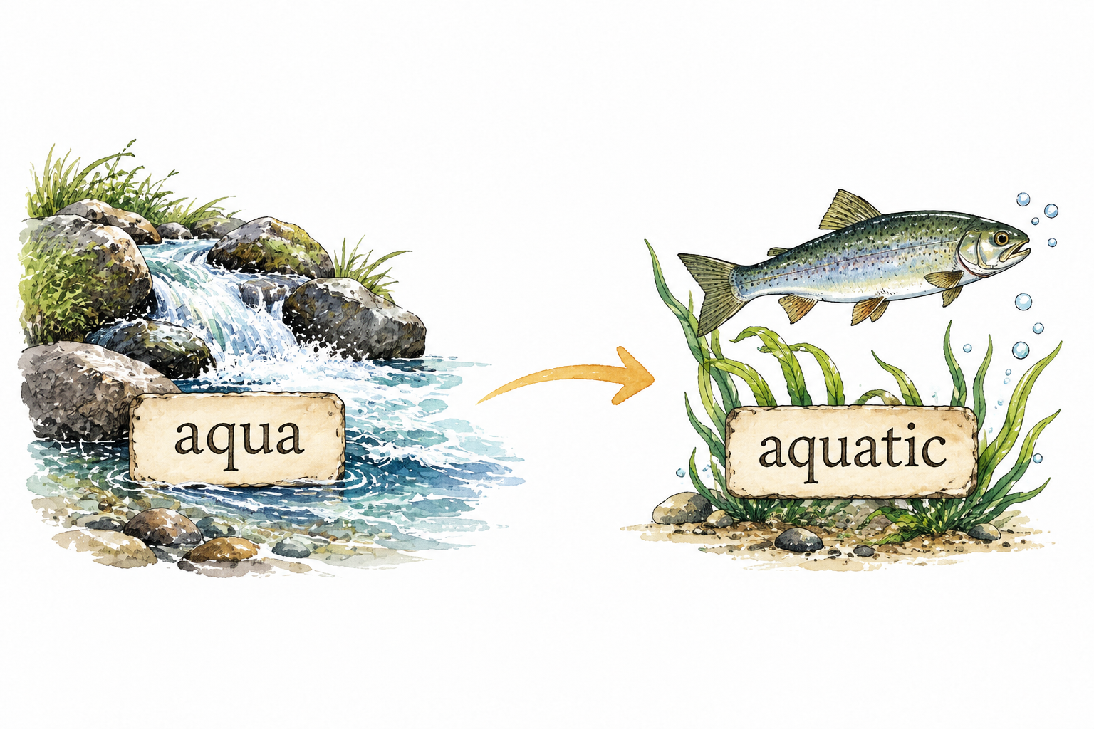 Simple word origin diagram: Latin aqua on left leads by one arrow to English aquatic on right, water illustration reinforces derivation.
