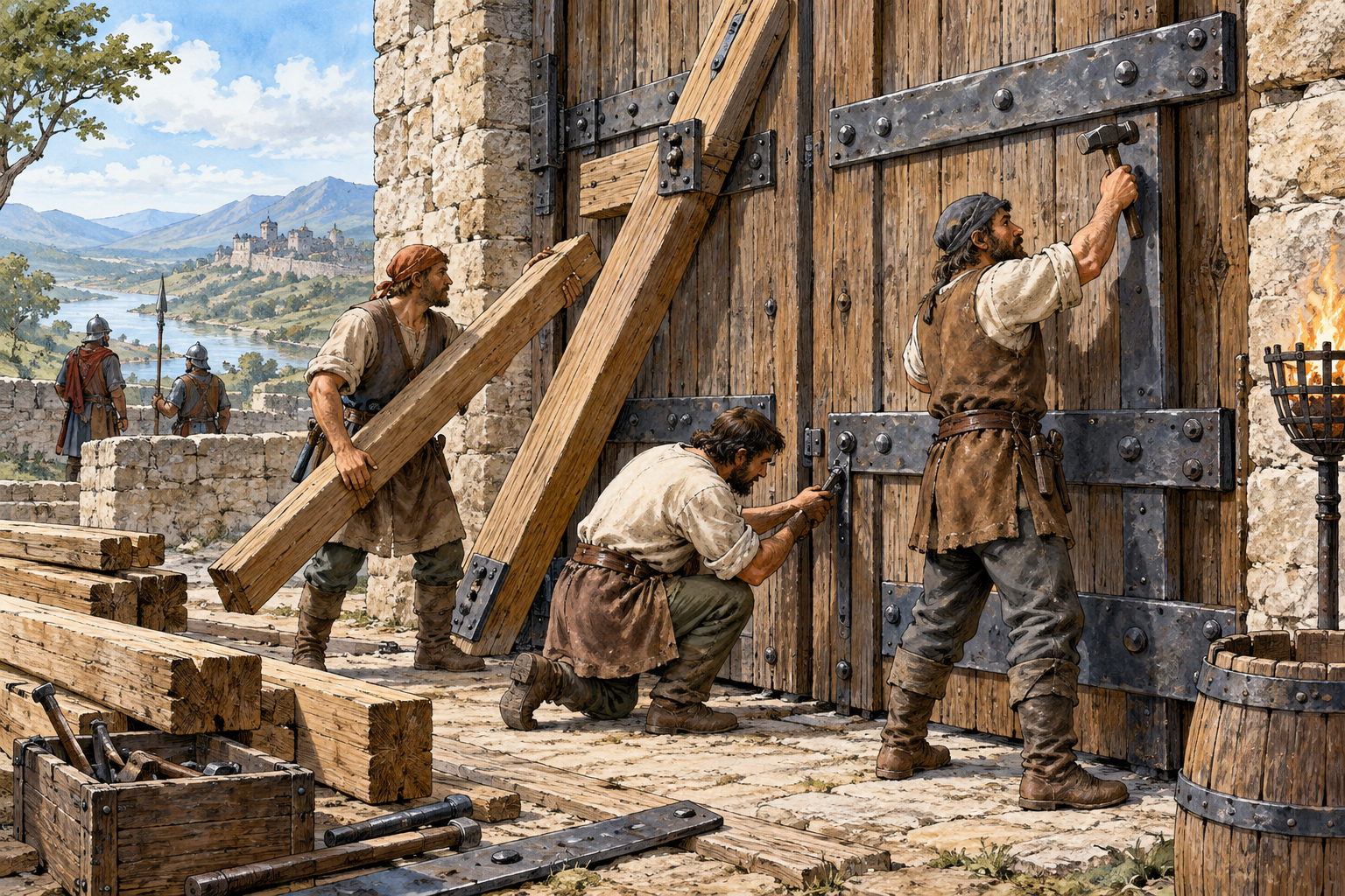 Workers reinforce a vulnerable timber gate with strong iron braces and extra beams, making defenses stronger.