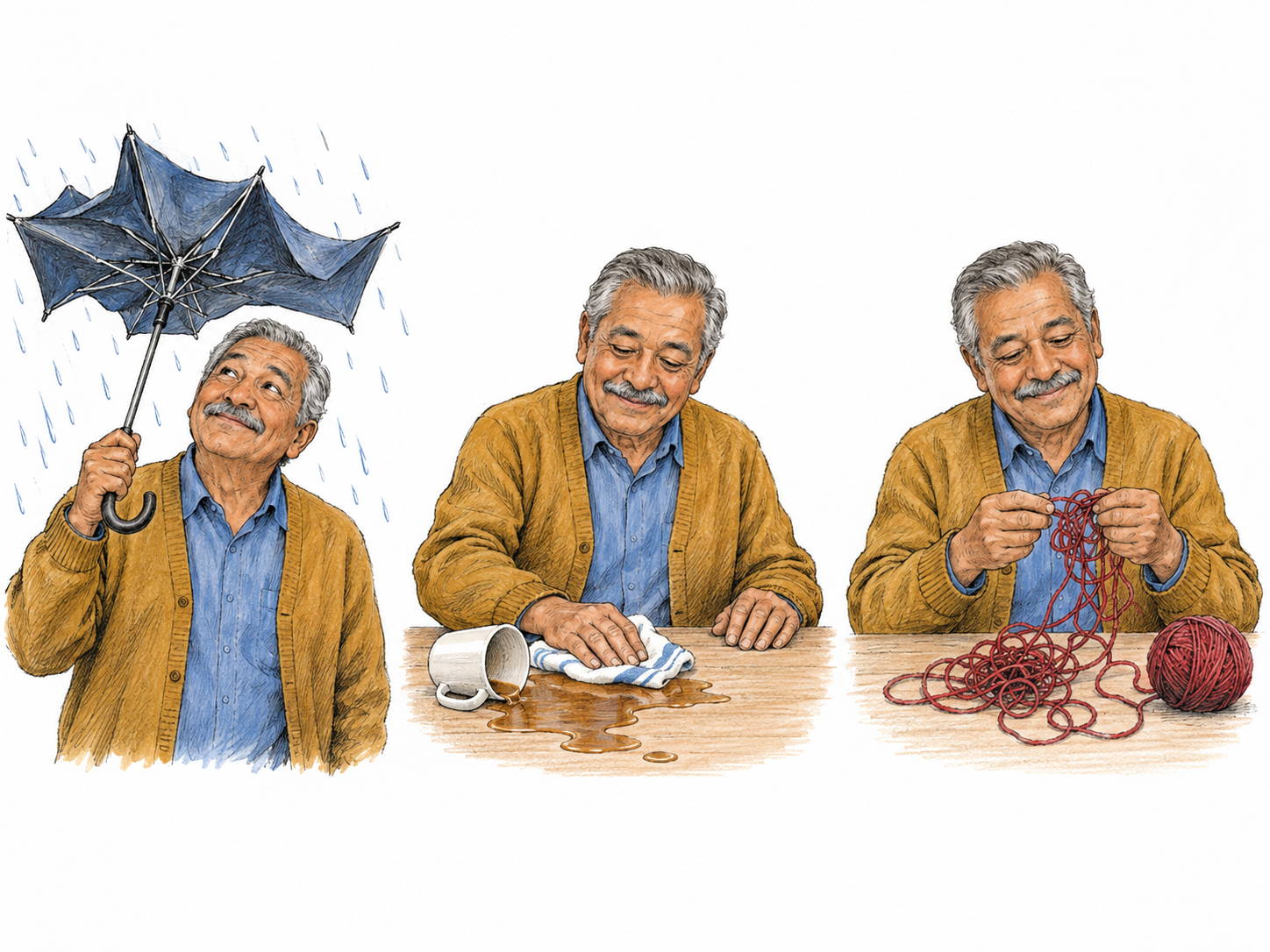 Three compact vignettes show the same older man responding with consistent good humor to different everyday frustrations: a broken umbrella in rain, a spilled drink, and a tangled ball of yarn.