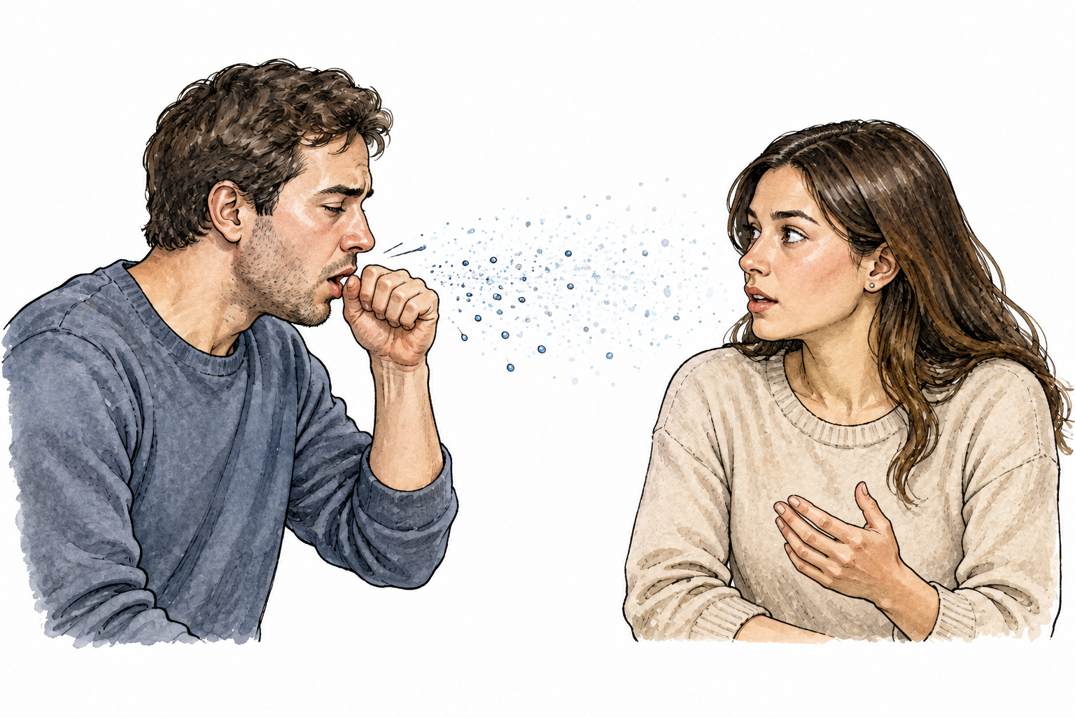 Two people in indoor conversation, subtle airborne droplets from cough illustrate transmission; neutral medical diagram style.