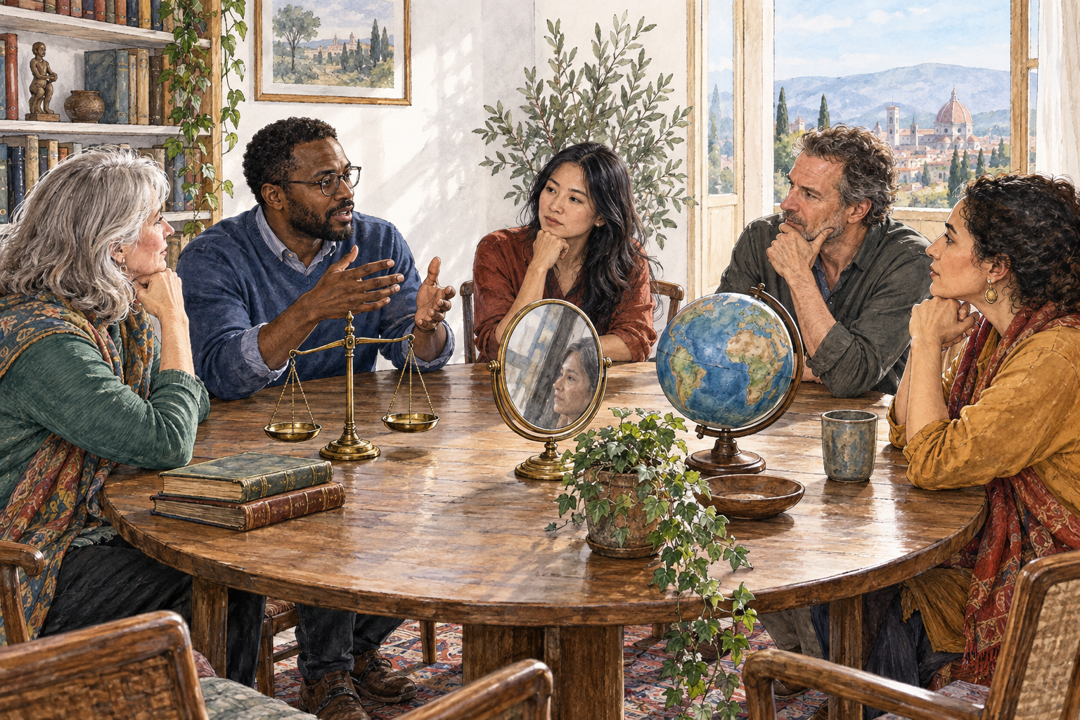 An adult seminar group explores fundamental questions around a table with symbolic objects: balance scale, mirror and globe; deep reflective discussion, no written headings.
