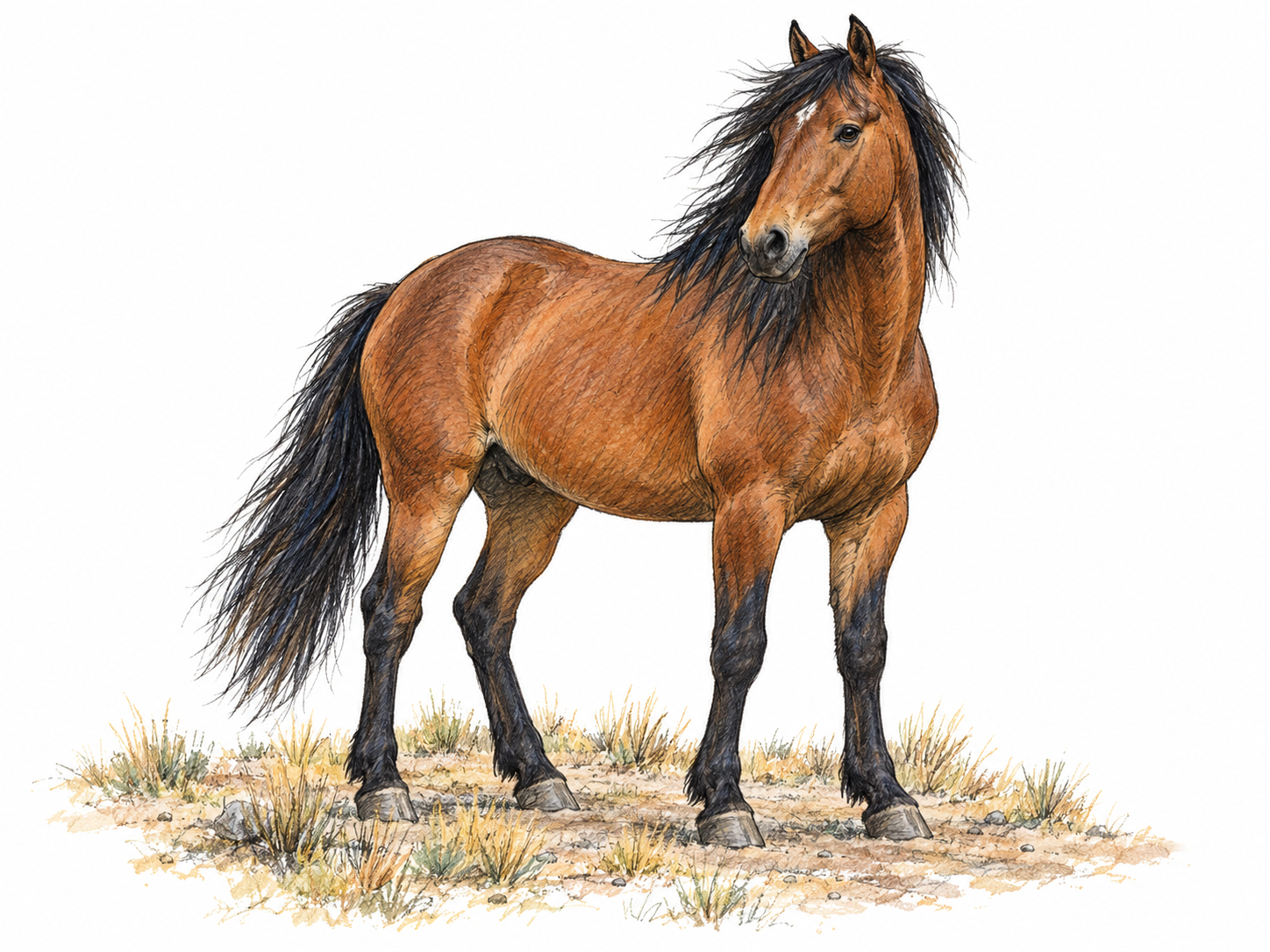 A single small, sturdy mustang stands alert on a sparse patch of North American prairie, untacked and free-ranging, with a wind-tossed mane.