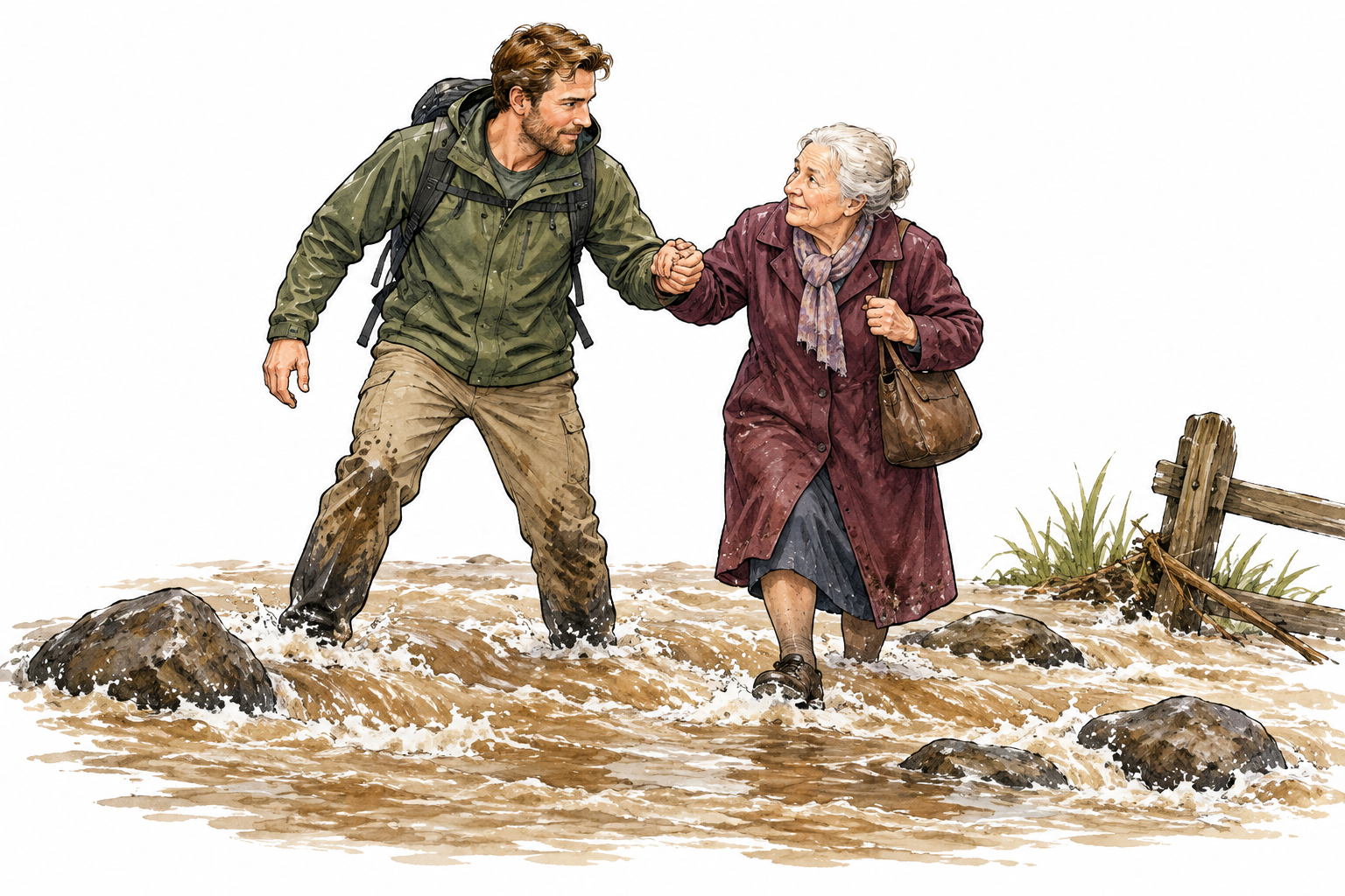 A white adult man courageously helps an older woman across a flooded path, supporting her safely, honorable courtesy.