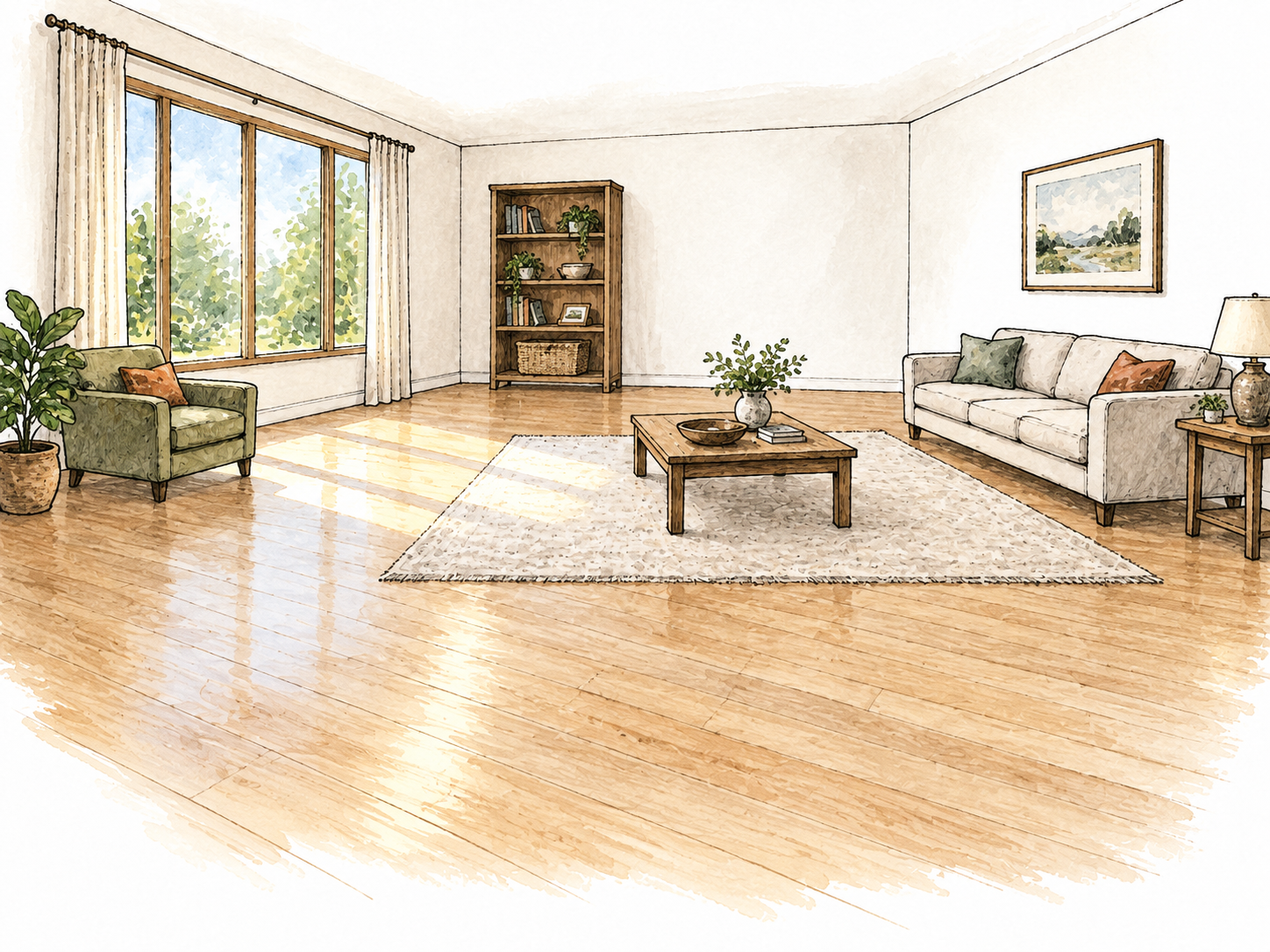 A large uncluttered living room with widely spaced furniture and open floor space.