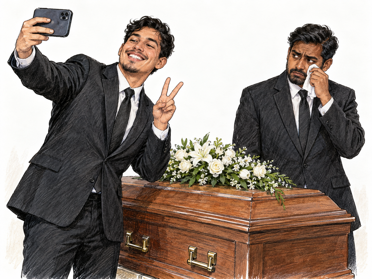 At a funeral beside a flower-draped closed coffin, a young man grins and poses for a playful selfie while a grieving mourner looks at him with disapproval.