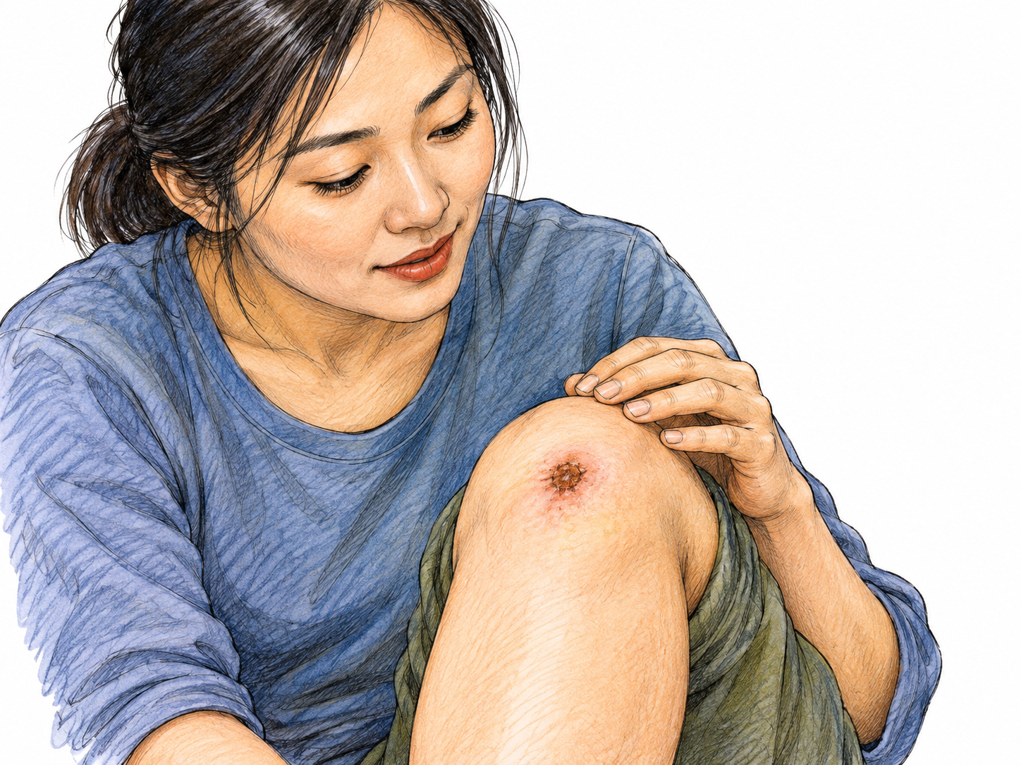 A small dry brown scab covers a shallow scrape on a bent knee, surrounding skin healing normally; a hand rests nearby without picking it, no blood or gore.