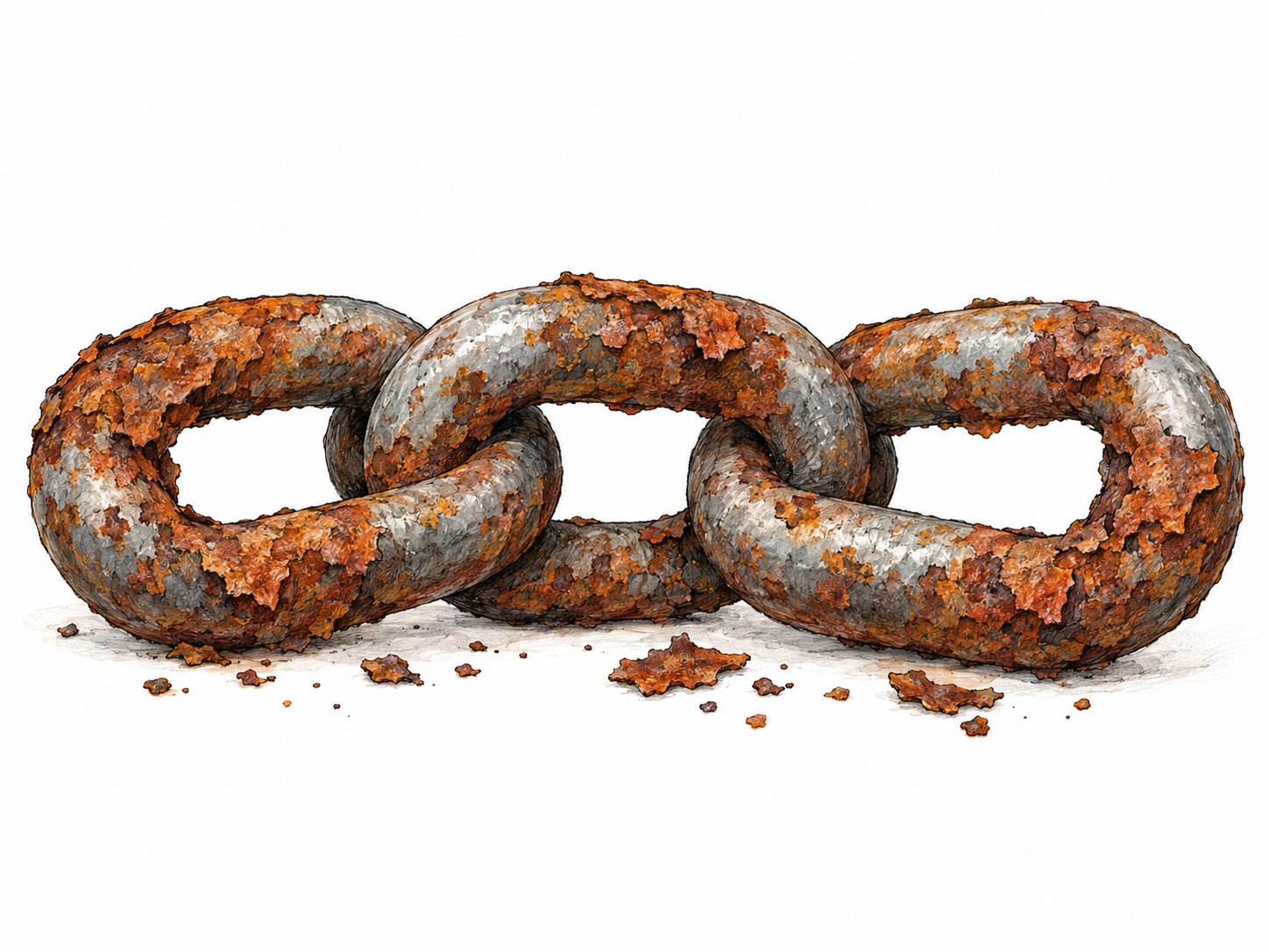 A close view of an iron chain undergoing rusting, with reddish-brown oxide flaking from the links and contrasting clearly with remaining bare gray iron.