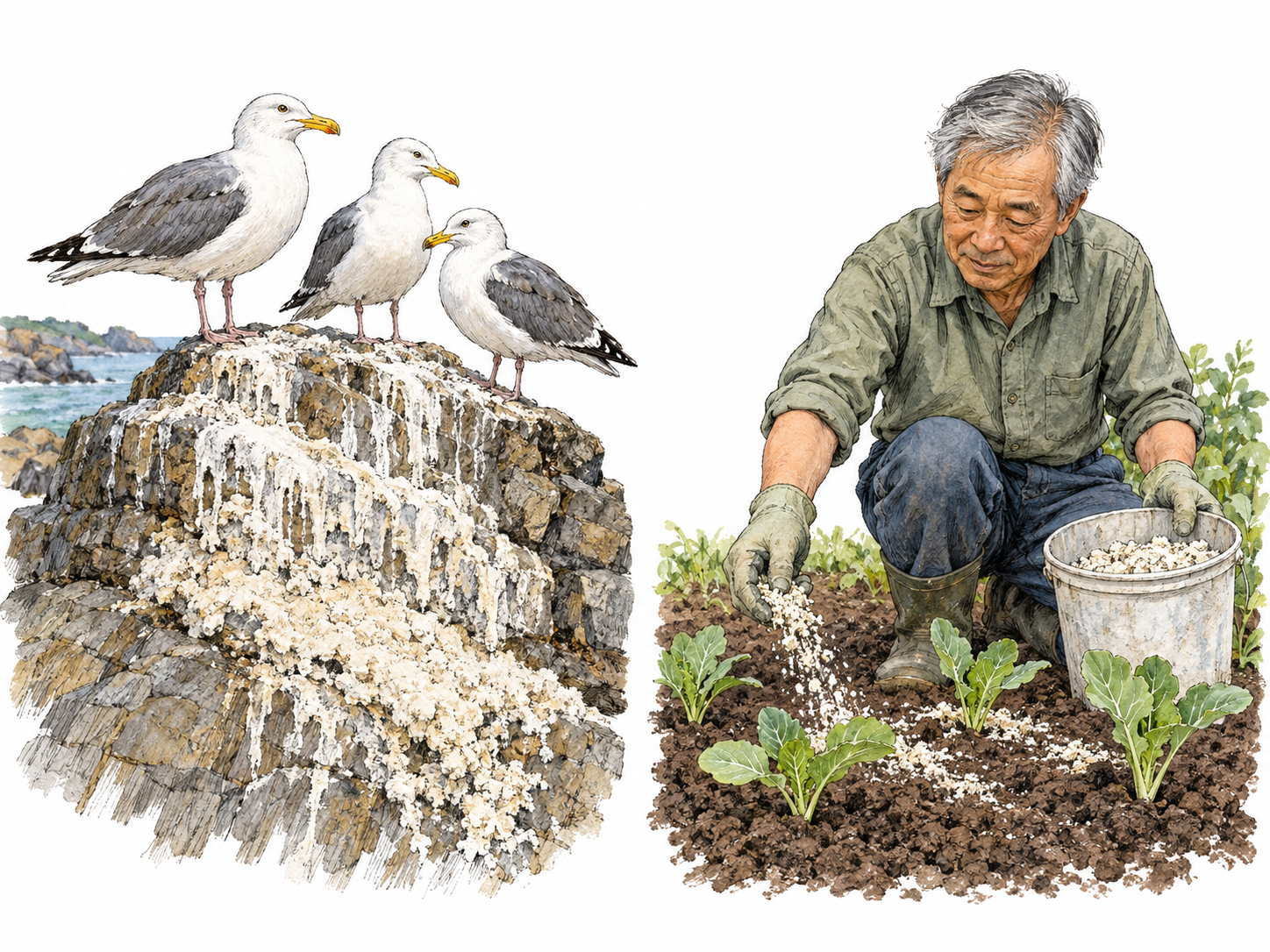 A compact paired scene shows the material and its use: seabirds perched above a thick accumulation of droppings on coastal rock, and a gardener scattering the same pale, crumbly material onto soil around vegetable seedlings.