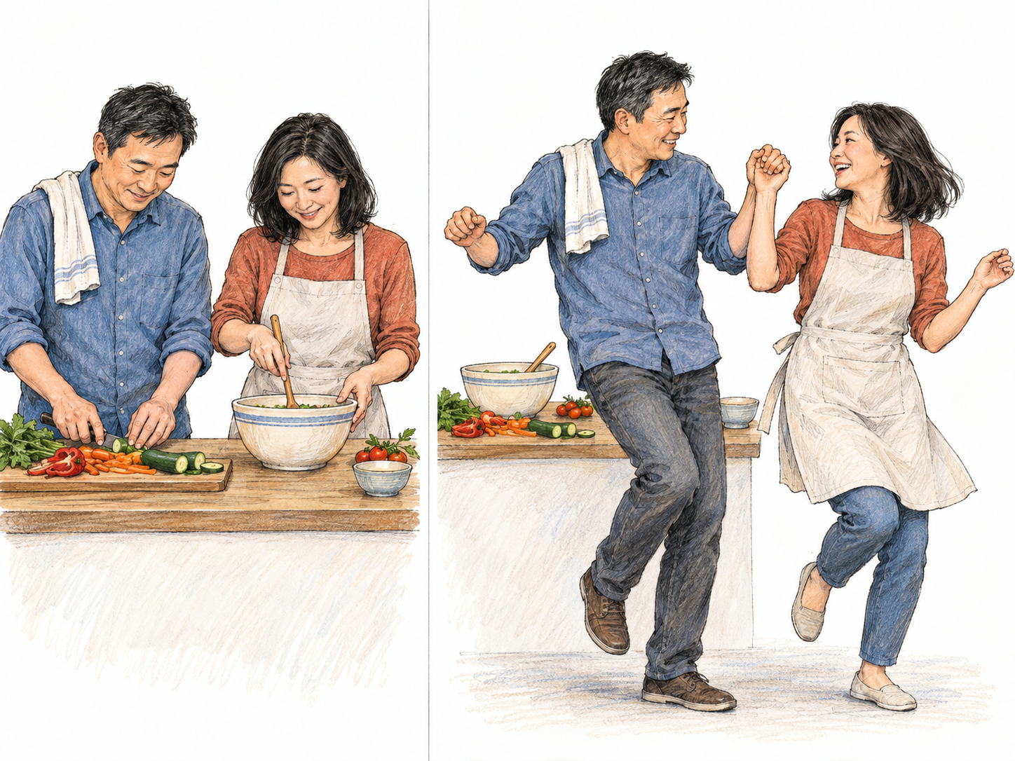 An impromptu kitchen dance: a compact two-moment sequence shows two adults interrupted in ordinary meal preparation, then spontaneously dancing beside their unfinished work.