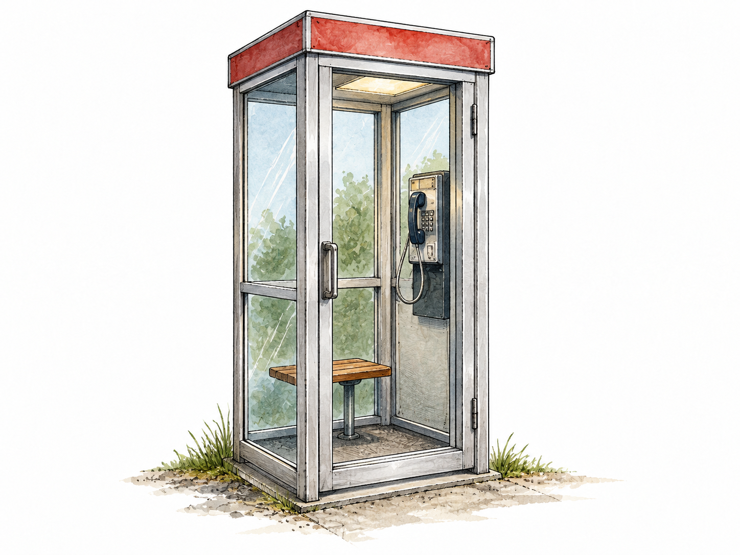 A simple private telephone booth with glass panels and a seat.