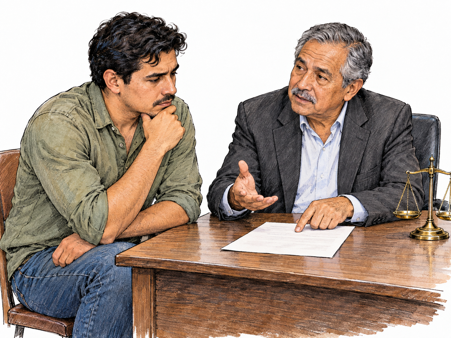 An older legal adviser gives a younger client careful guidance over a document during a private consultation.