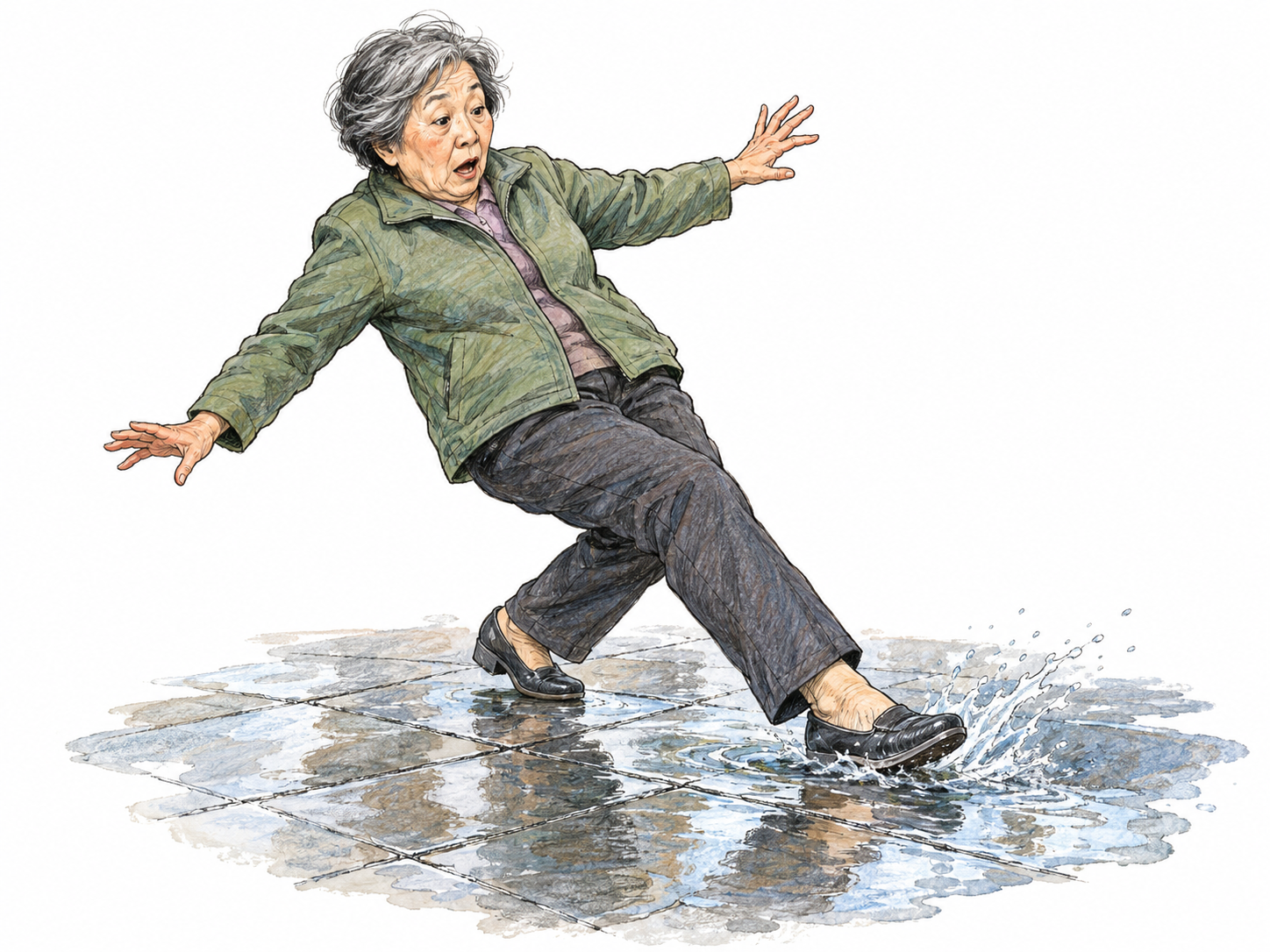 An older woman loses traction on a visibly wet, smooth tiled surface: one shoe skids forward through a shallow puddle while her planted leg bends and her arms spread to recover her balance.