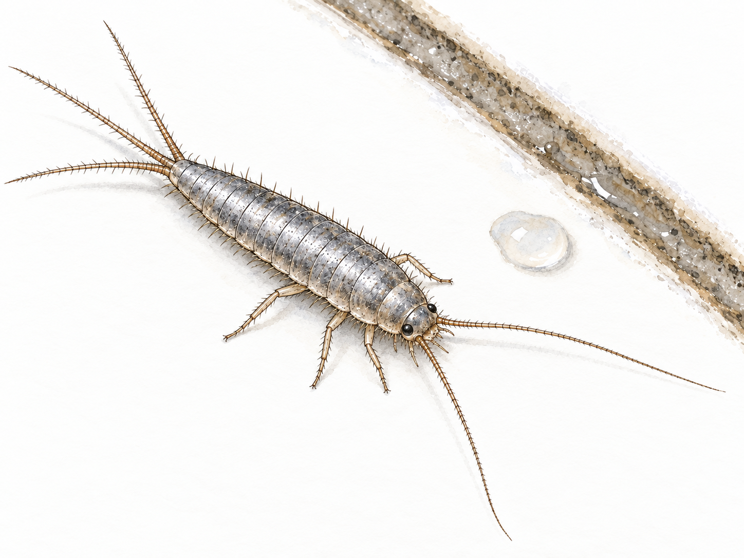 A close-up of one anatomically recognizable silverfish crawling beside a damp indoor tile joint, with its silvery tapered body, six legs, long antennae and three tail filaments clearly visible.