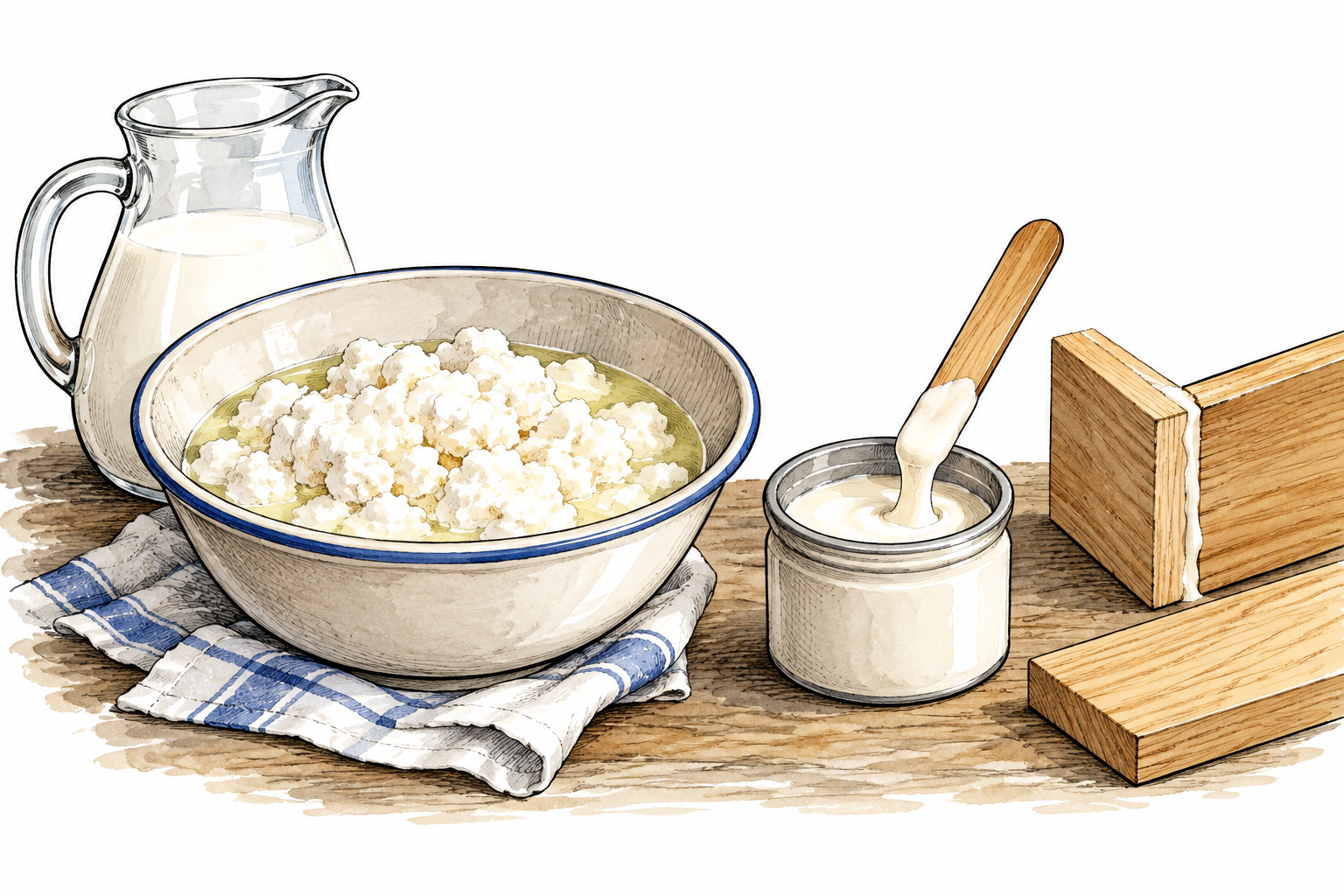 Milk separates into curds in bowl beside a small pot of white casein adhesive used to join wooden pieces, main milk protein substance shown, no words.