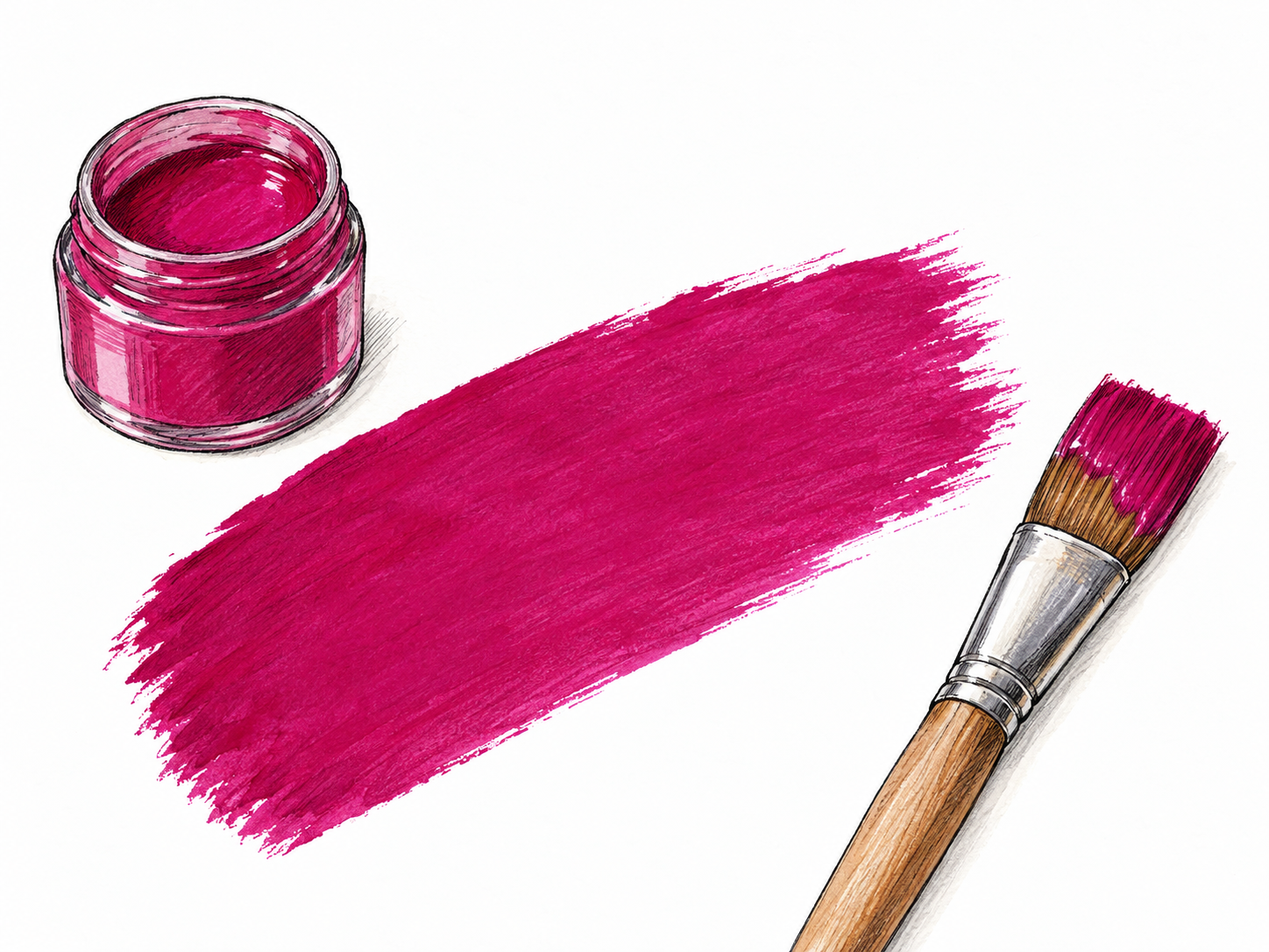 An open paint pot beside a broad, vivid purplish-red brushstroke, with a paint-loaded brush resting alongside it.
