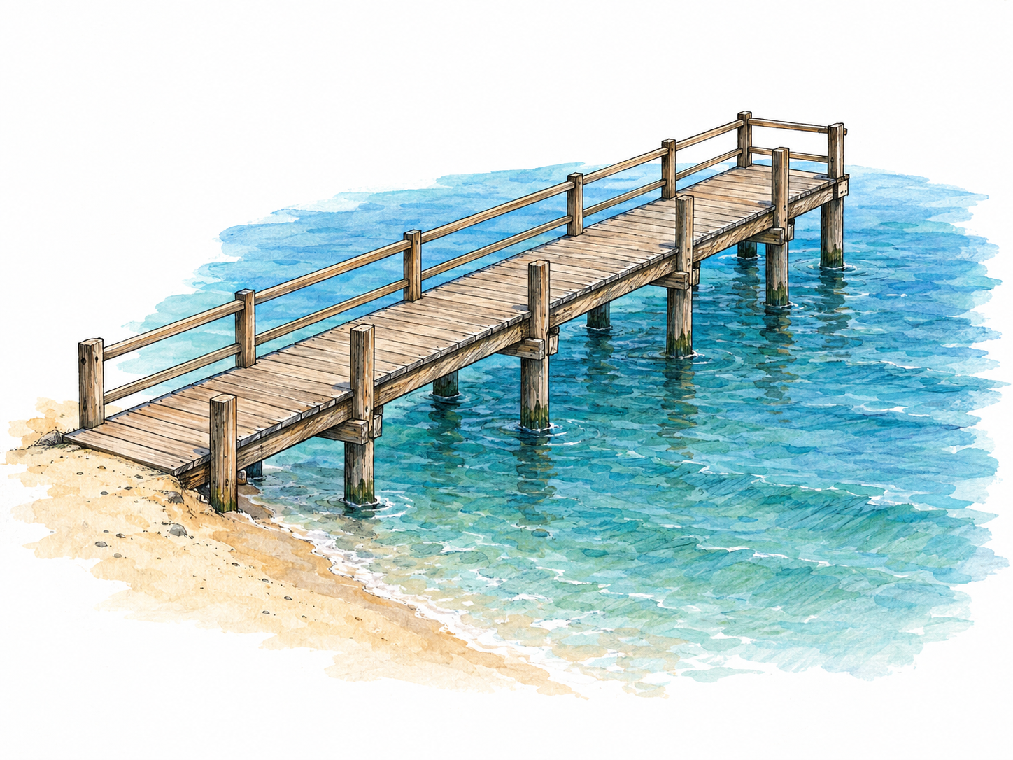 An elevated wooden pier begins on a sandy shore and projects into open water, with its supporting piles and free end clearly visible.