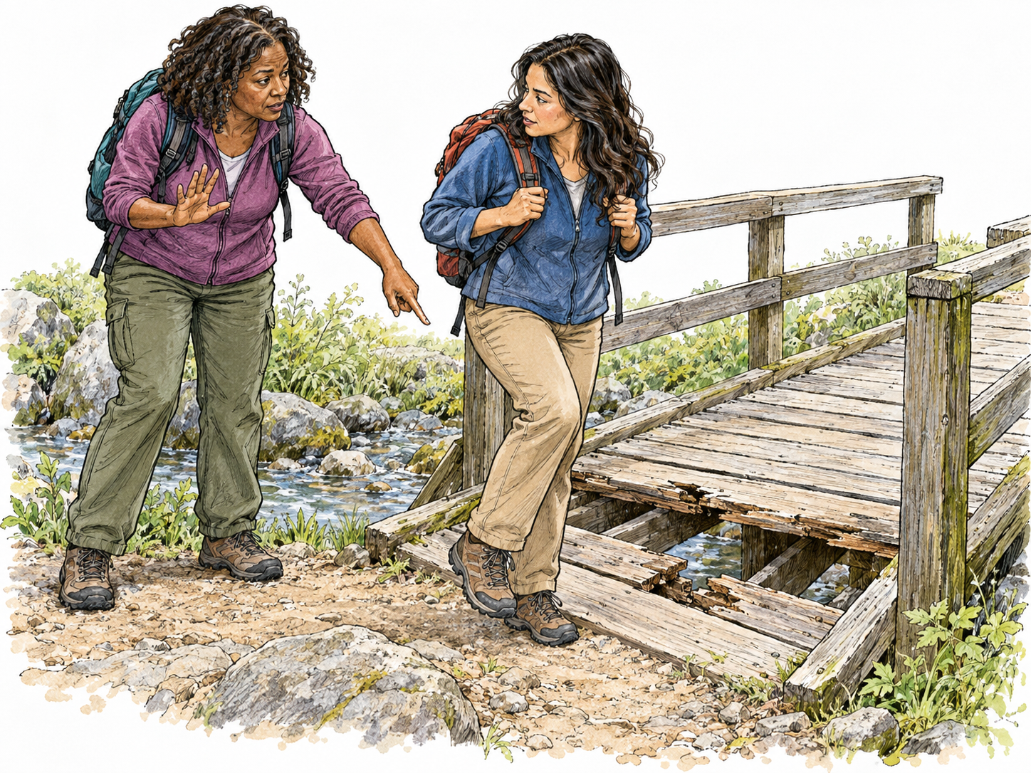 A hiker persuades her companion to turn back from an unsafe footbridge by drawing attention to its broken planks; the companion visibly withdraws her leading foot and turns back toward her.