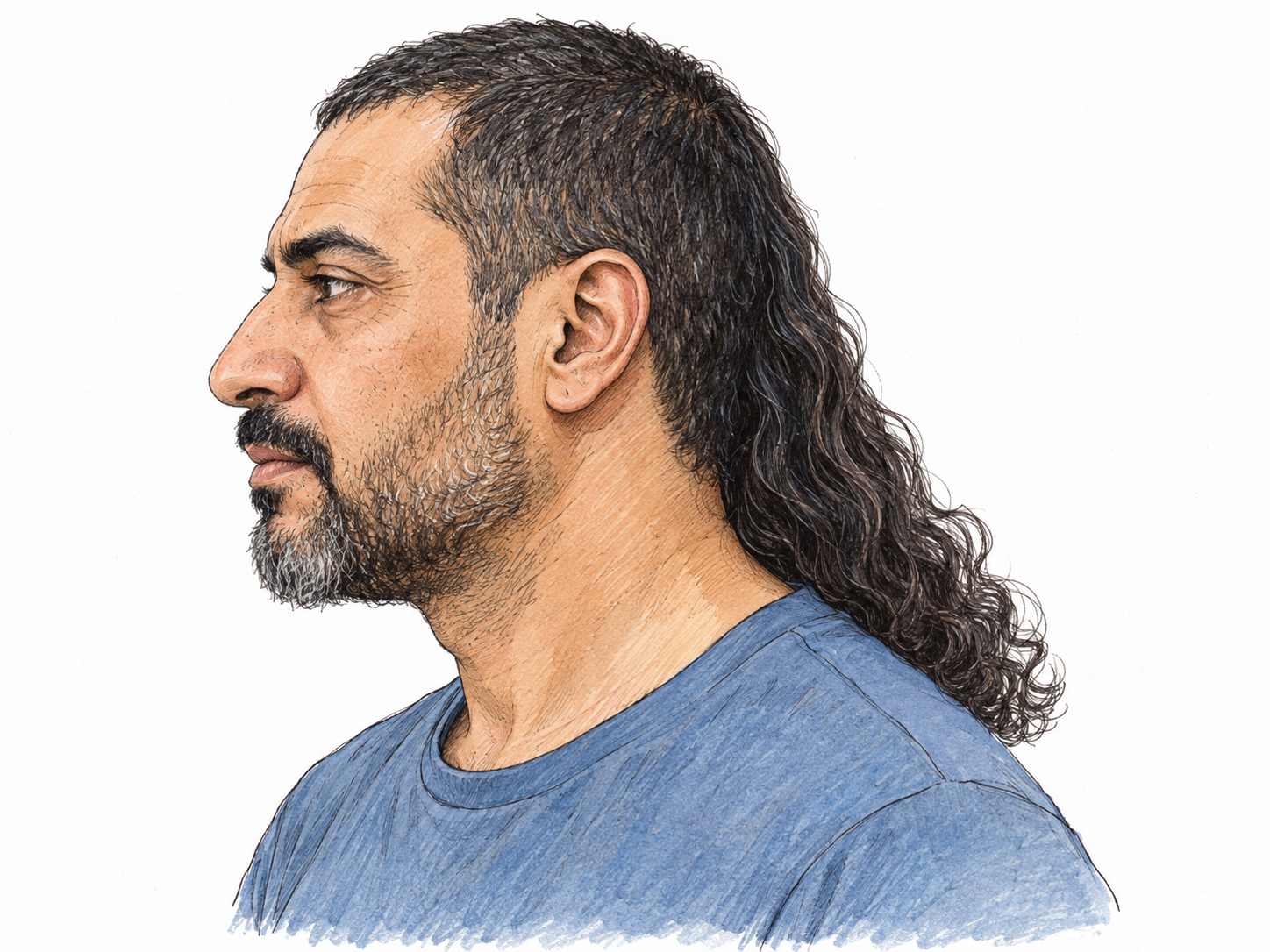 A clear side-profile head-and-shoulders portrait showing short hair across the forehead, crown, and sides, with a distinctly long section growing from the back of the head and falling past the nape toward the shoulders.