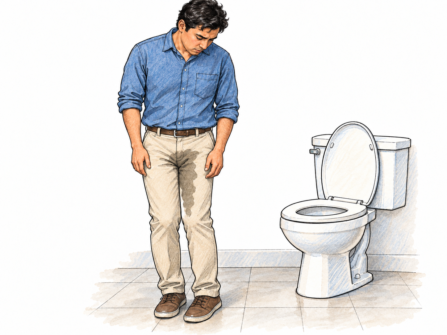 A fully clothed adult man has an involuntary urinary leak before reaching a nearby toilet: a conspicuous wet patch runs from the crotch down the inner thigh of his otherwise dry trousers.