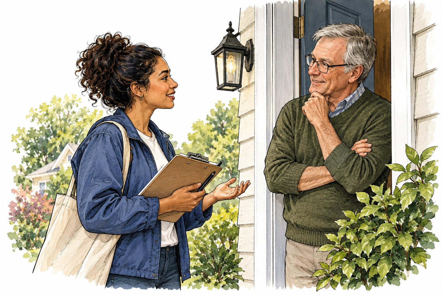 A volunteer canvasses a resident's opinion at a doorstep with a clipboard, friendly consent-based conversation.