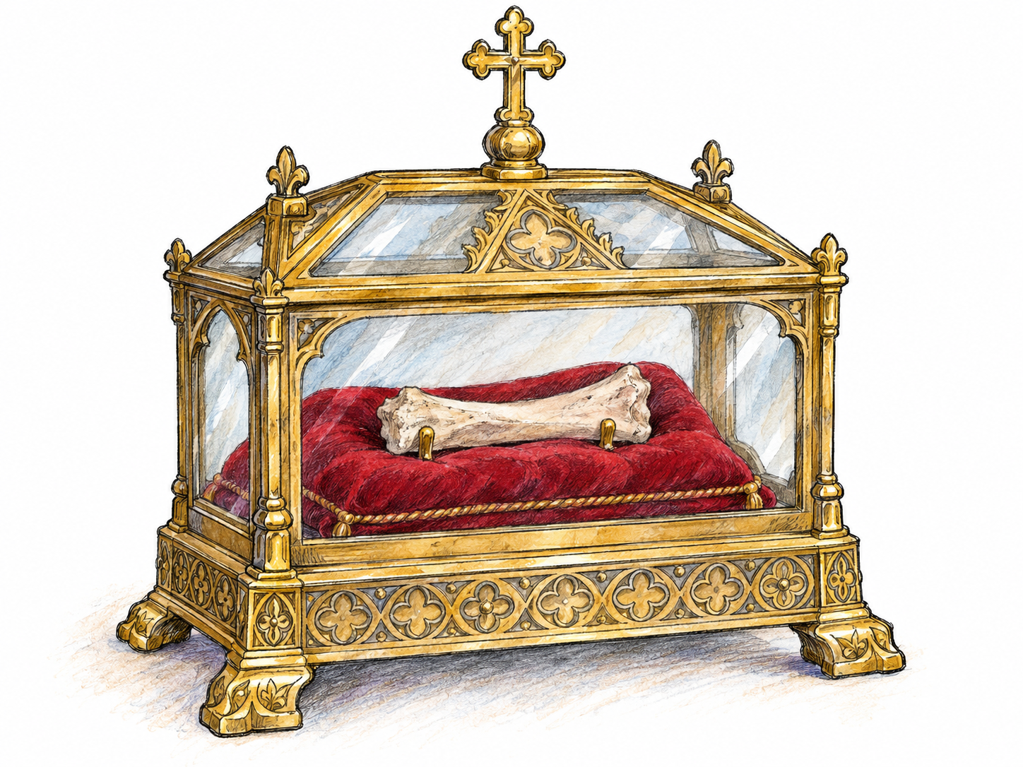 An ornate Christian reliquary with a cross finial and a clear glass compartment displaying a small bone fragment on red velvet, making both the sacred function and the container visible.
