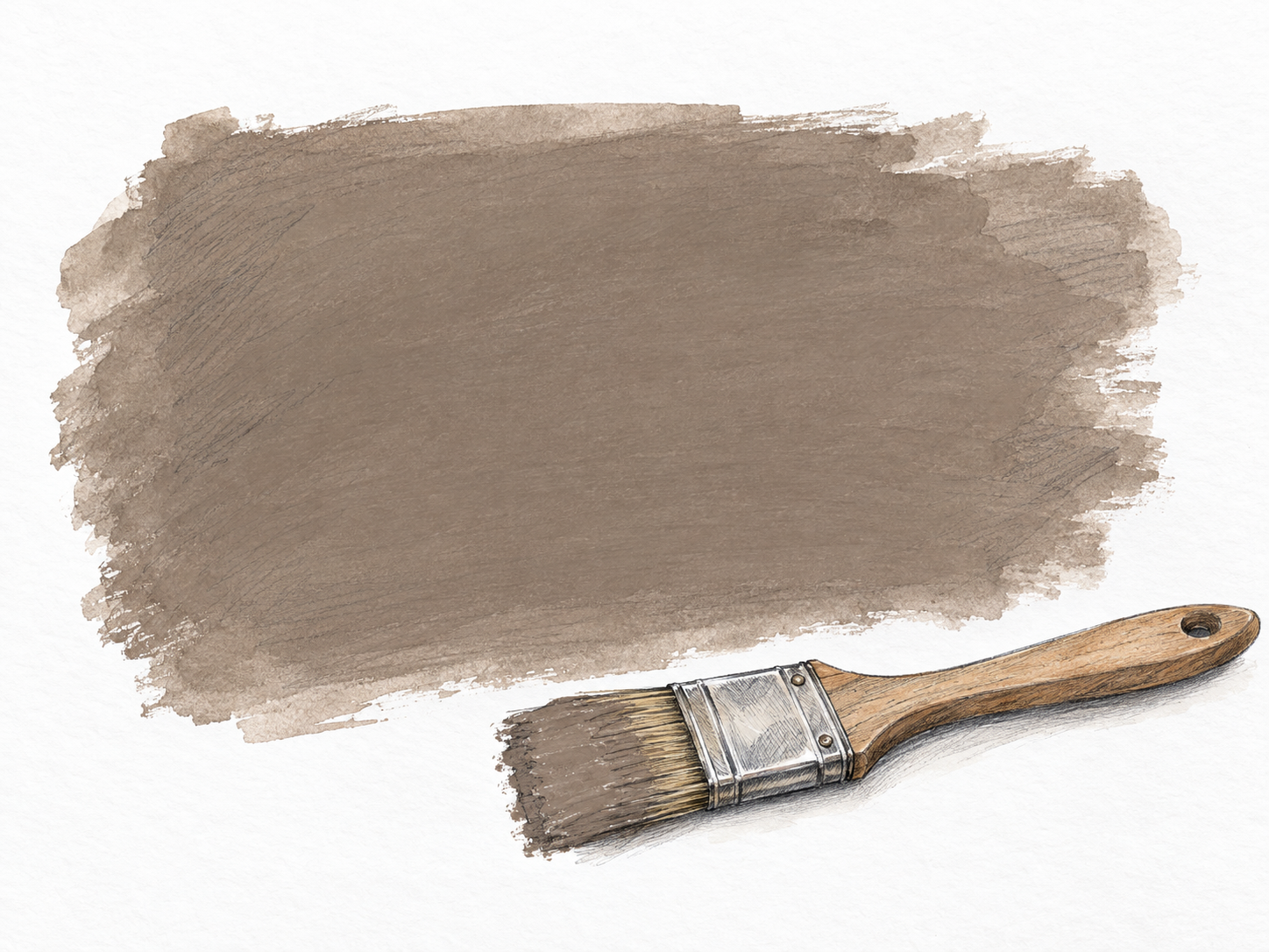 A single broad brushstroke of muted grayish-brown paint, with a paintbrush resting beside it and matching paint on its bristles.