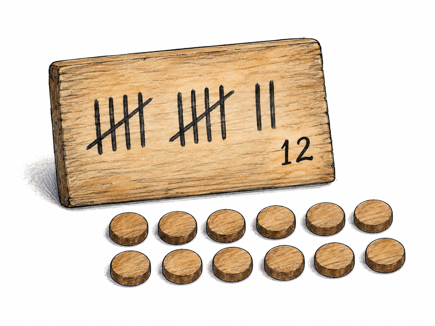 Small board records tally as two clear groups of four vertical strokes crossed by fifth diagonal, plus two single strokes;12 tokens beside it match total.