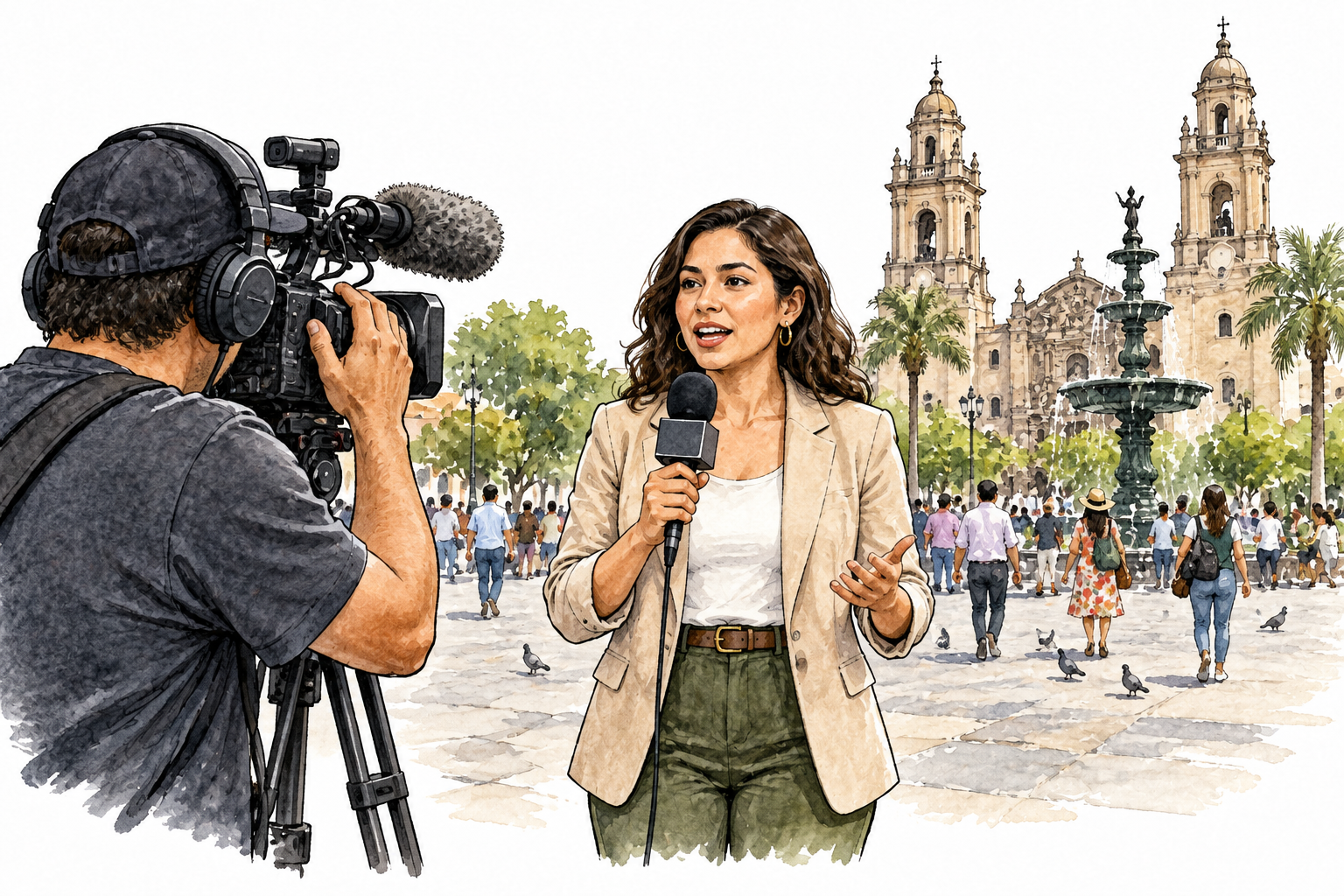 Latina news reporter with microphone reports from a busy city square, camera operator nearby.