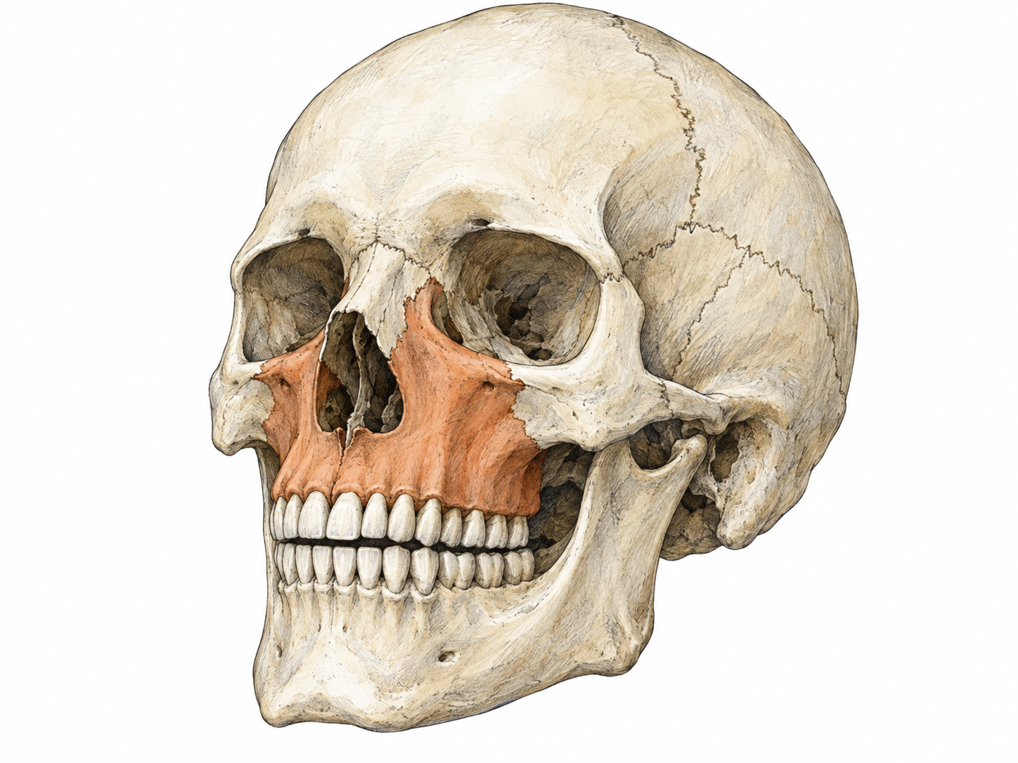 A three-quarter-view human skull with the maxillary bones distinguished in muted terracotta against the remaining ivory bone, clearly showing the upper tooth sockets and their connection to the sides of the nasal opening and lower orbital margins.