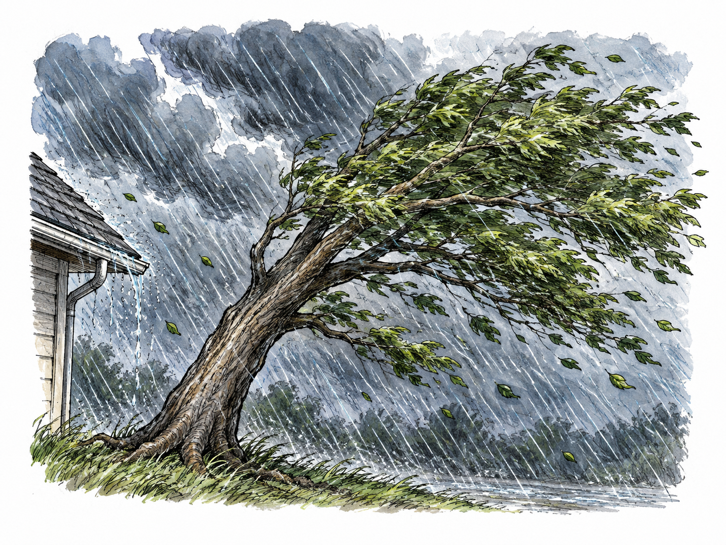 Violent storm bends one sturdy tree hard sideways under slashing rain, small roof edge and blowing branches, localized storm-cloud wash; strong wind and heavy rain both visible.