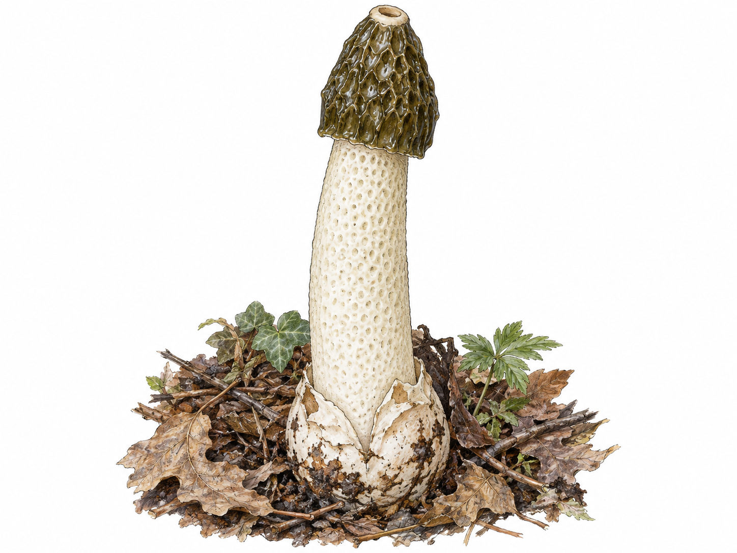 The naturally phallic shape of a mature common stinkhorn fungus.