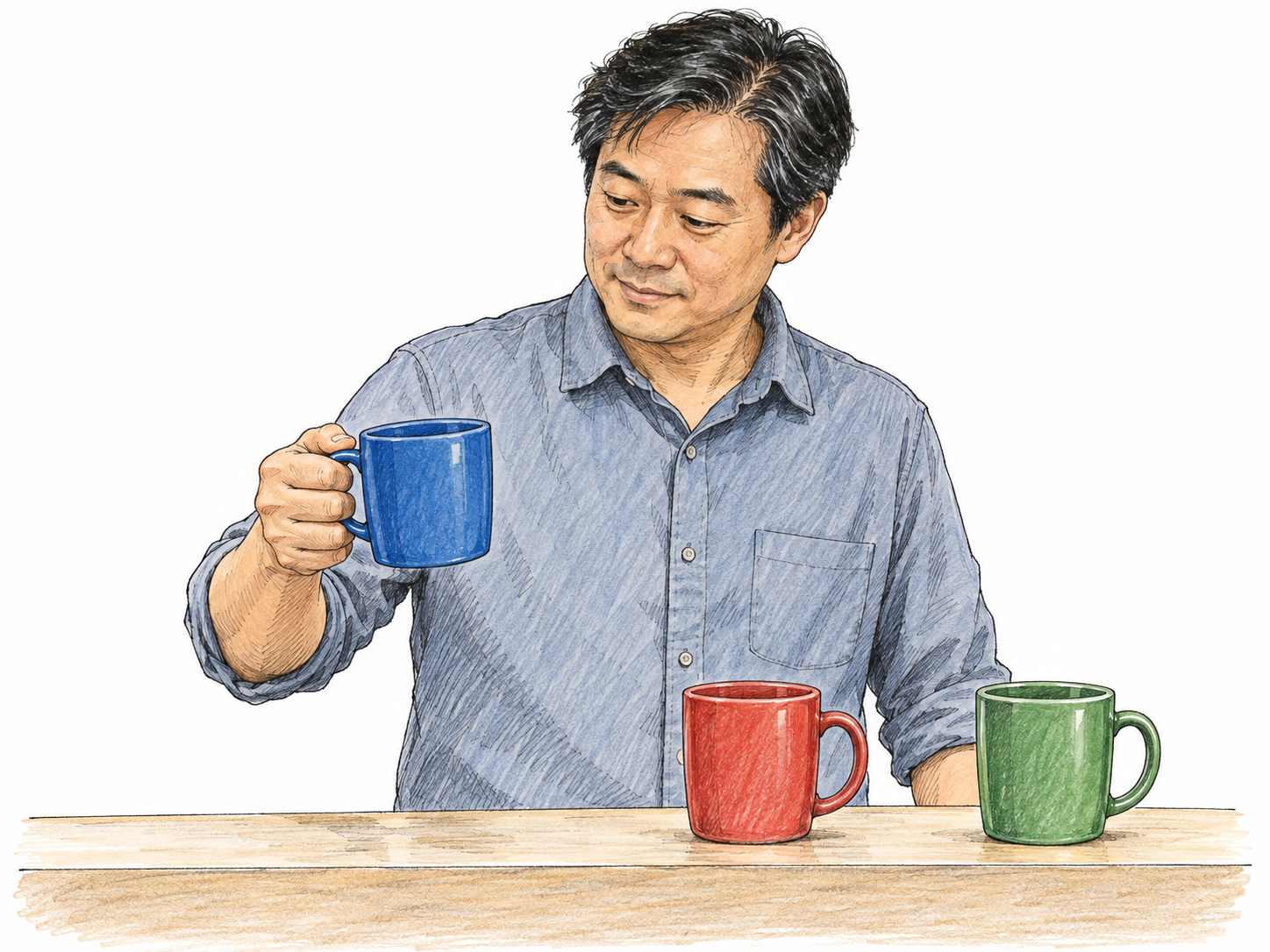 A shopper selects one of three differently colored mugs from an equally accessible display, lifting the blue mug while the red and green alternatives remain beside it.