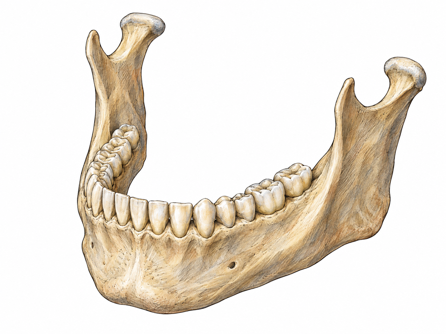 An isolated human lower jawbone in three-quarter view, showing its curved tooth-bearing body and both ascending branches, with no other bones or objects.