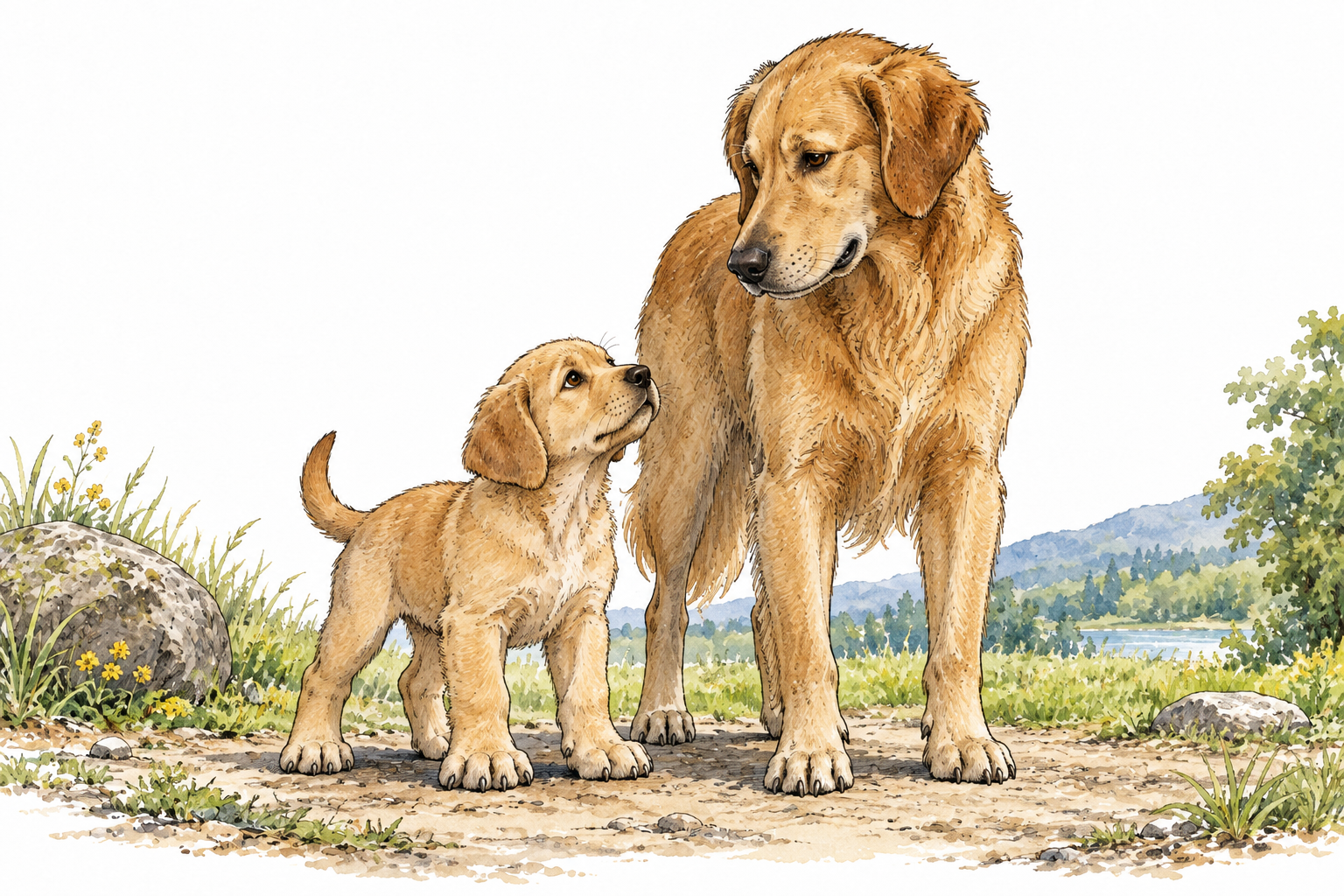 A small puppy with oversized paws stands beside a mature dog, early life clearly shown.