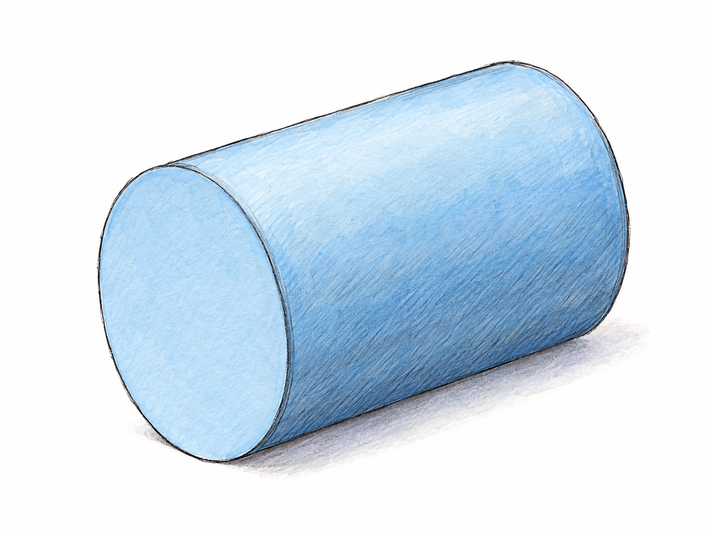 A plain solid cylinder shown obliquely, with a clearly visible circular end, straight parallel sides, and the matching curved boundary of its opposite end.