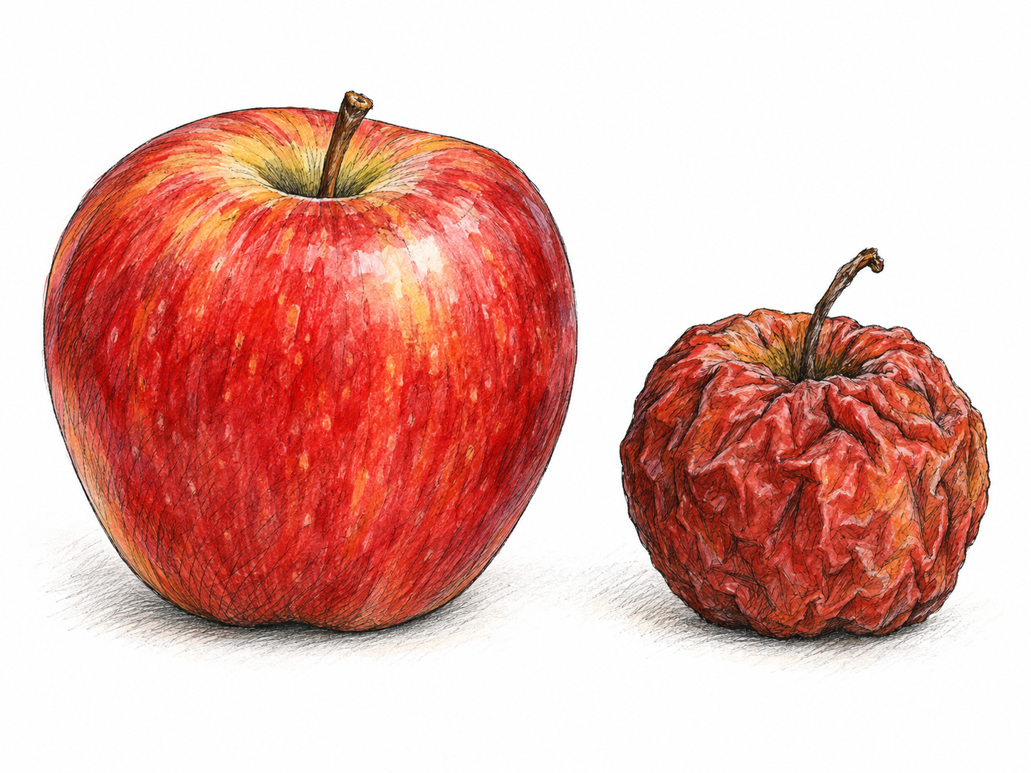 A small, deeply wrinkled, shrunken apple beside a full, fresh apple of the same variety, making the reduction in size and withering immediately clear.